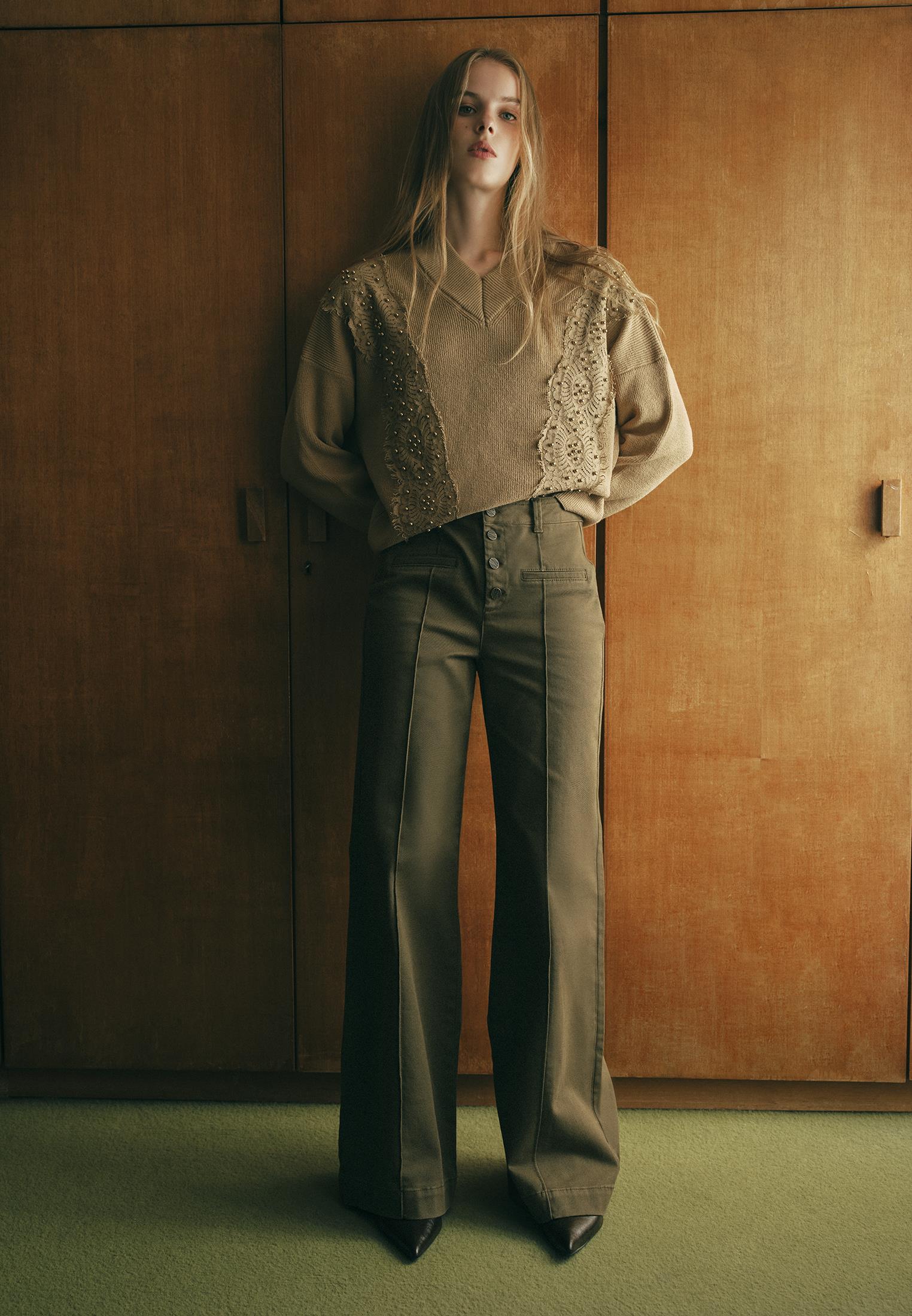 High Waist Pants With Button Details - DARK OLIVE