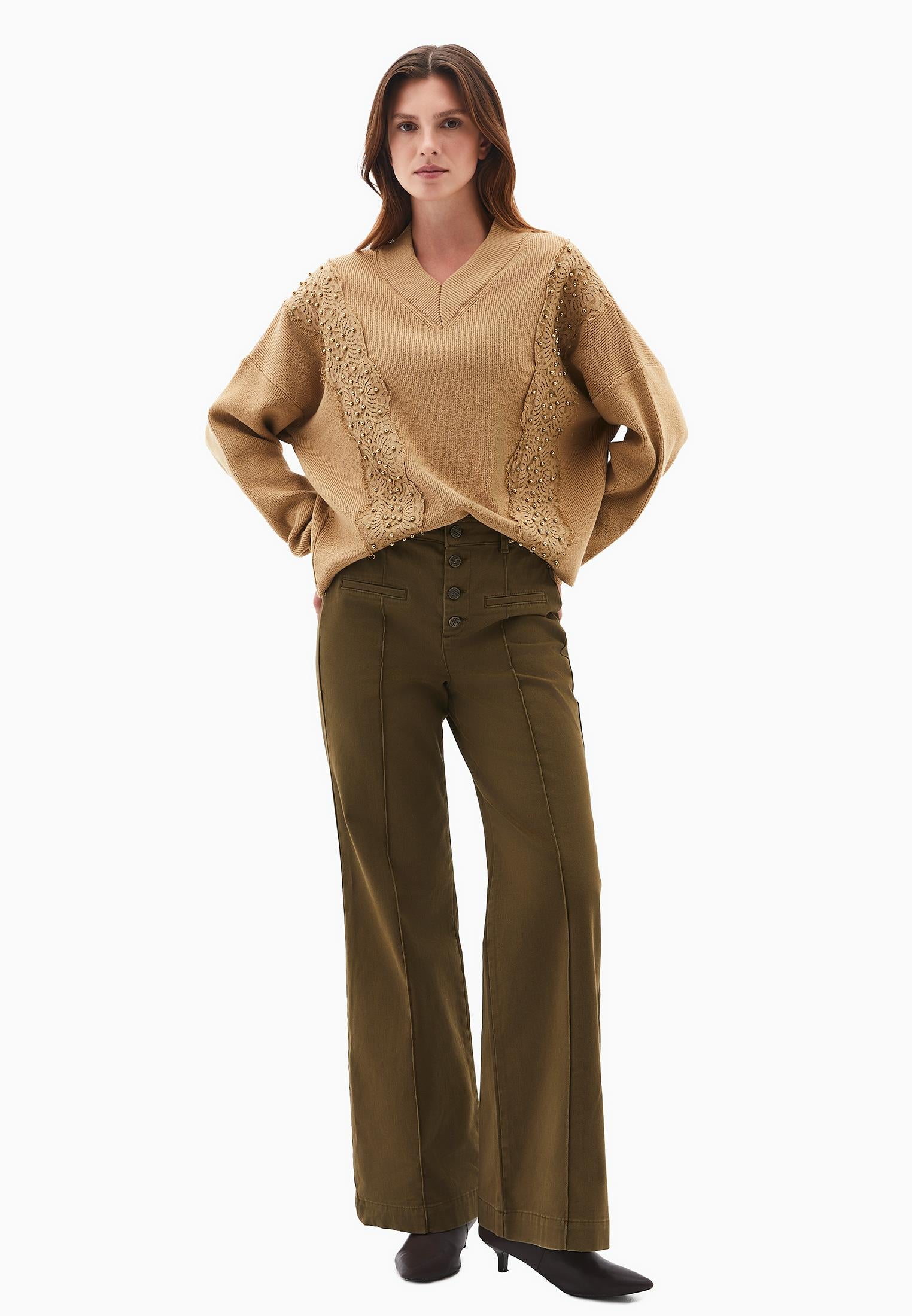 High Waist Pants With Button Details - DARK OLIVE
