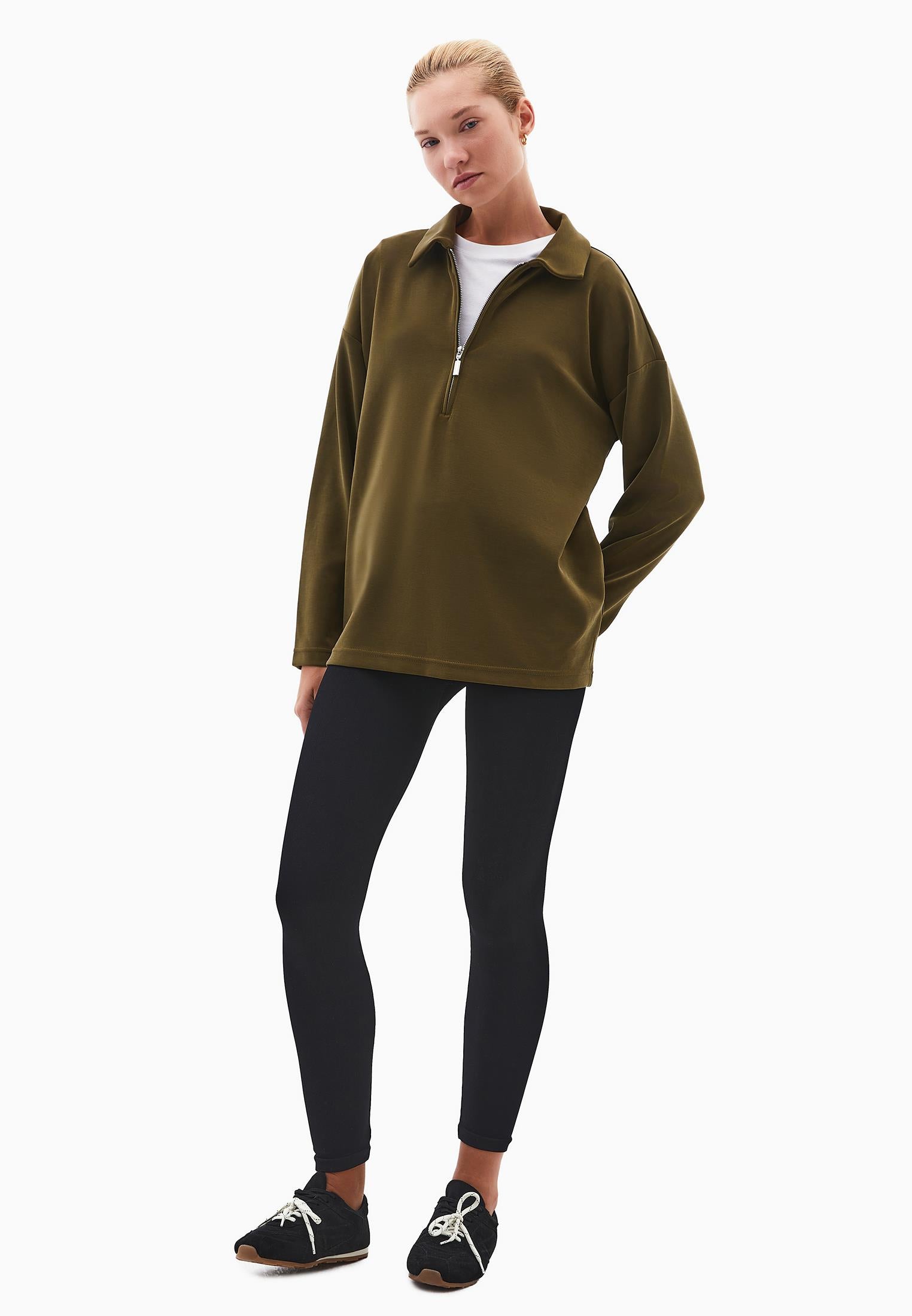 Polo Neck Oversize Sweatshirt - DARK OLIVE