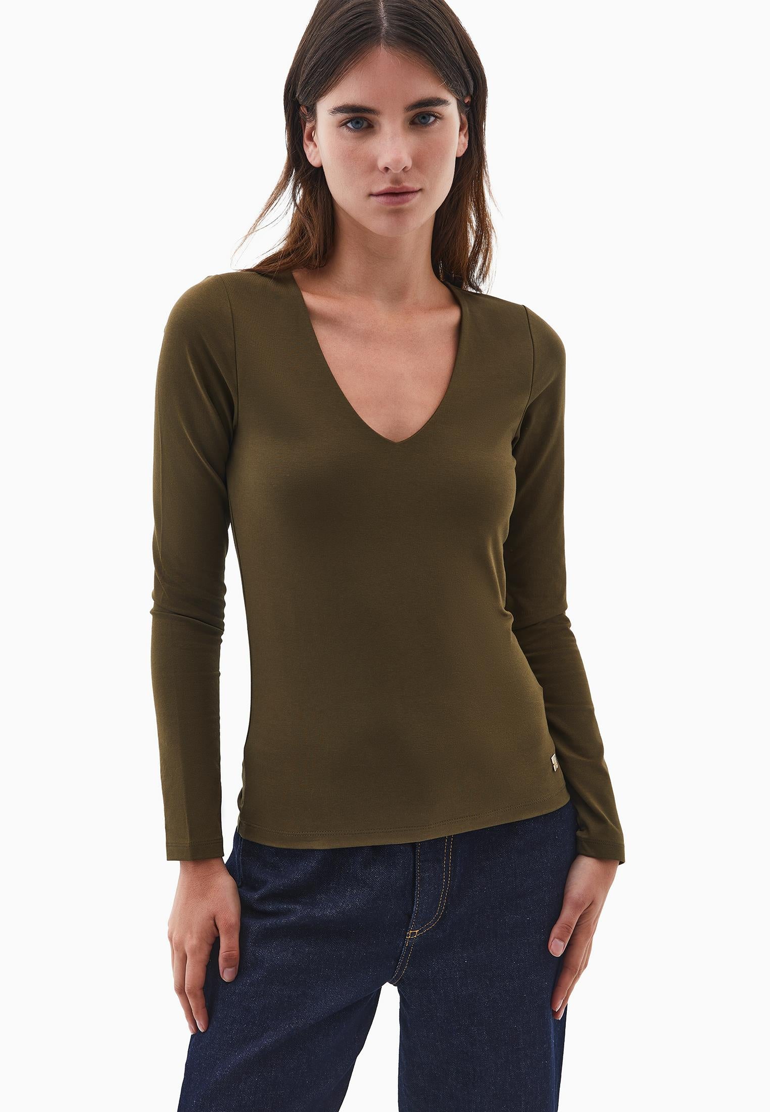 V Neck Long Sleeve T-Shirt - DARK OLIVE