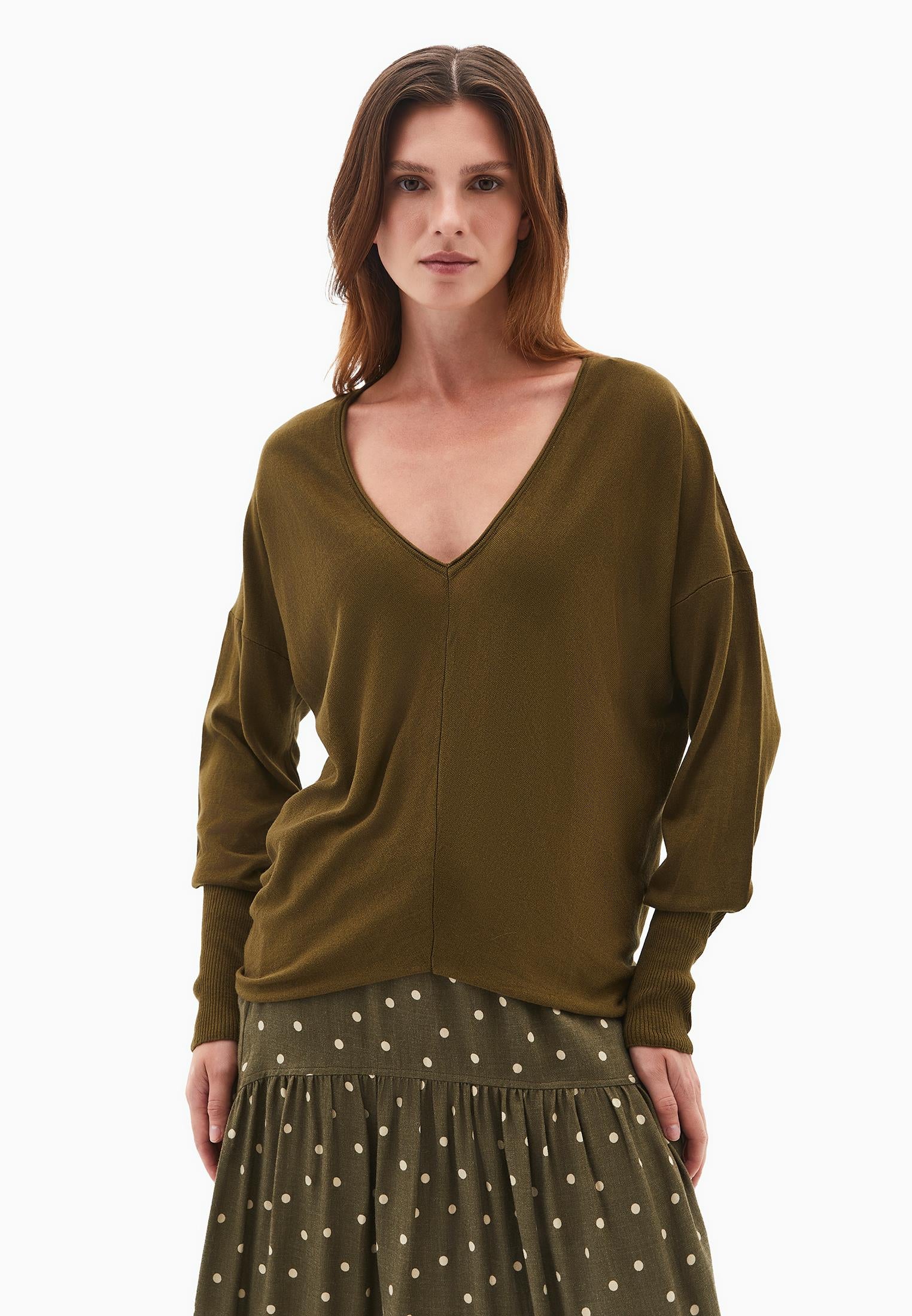 V Neck Long Sleeve Sweater - DARK OLIVE