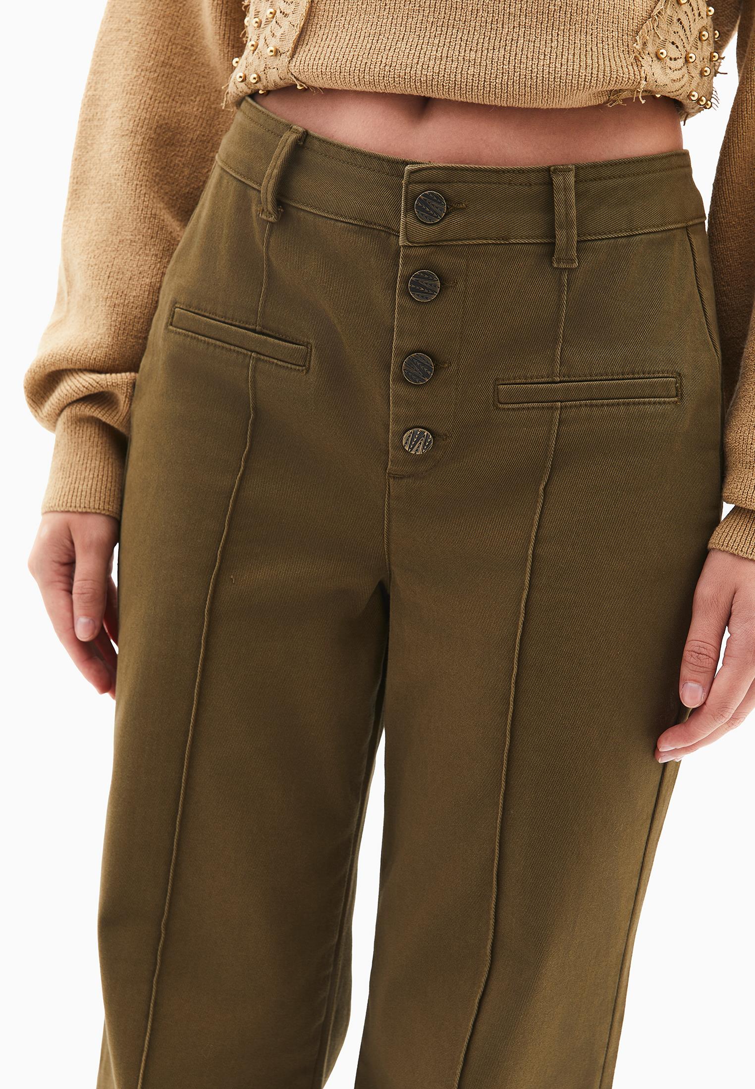 High Waist Pants With Button Details - DARK OLIVE