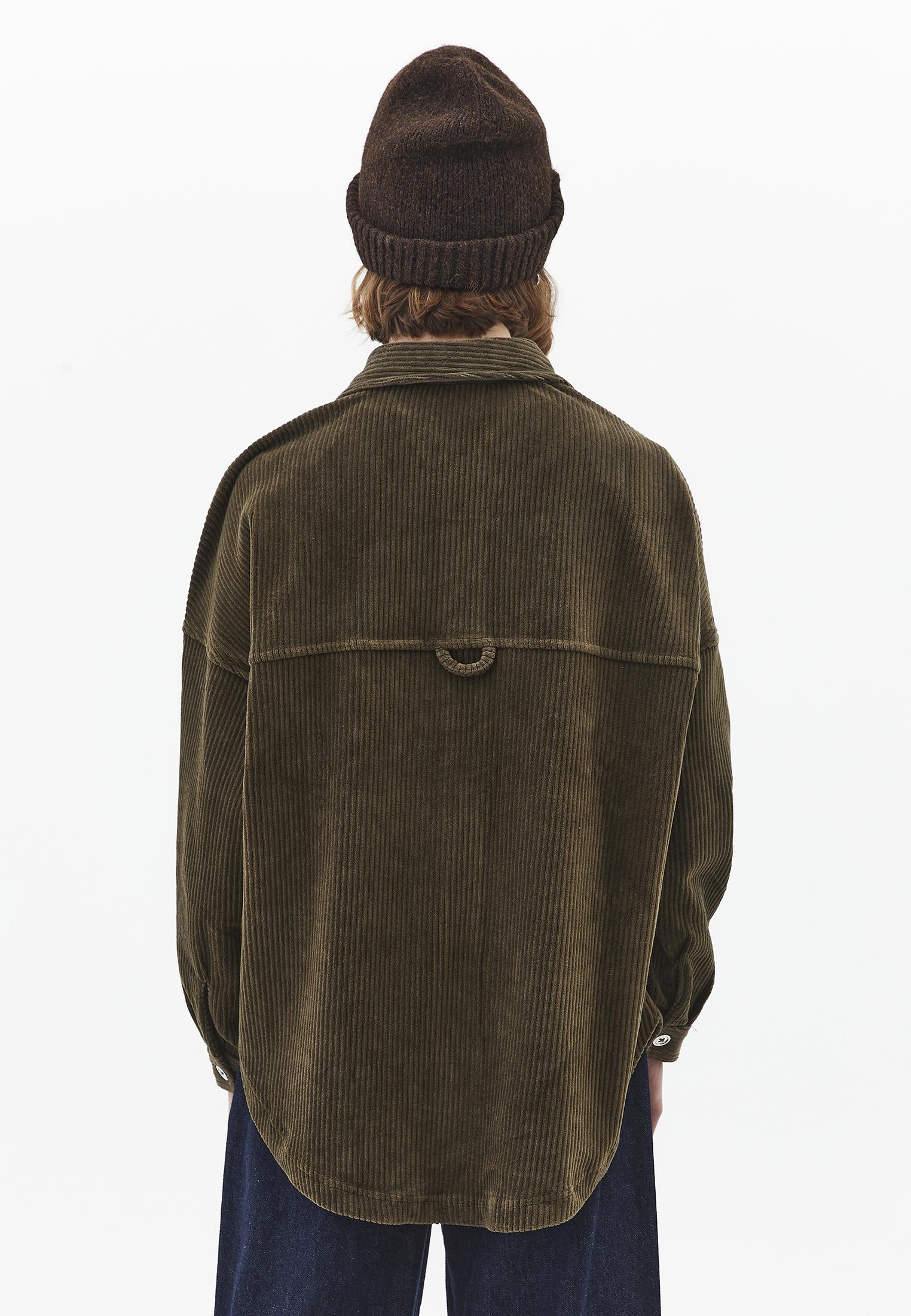 Oversize Pocket Detailed Ribbed Shirt - DARK OLIVE