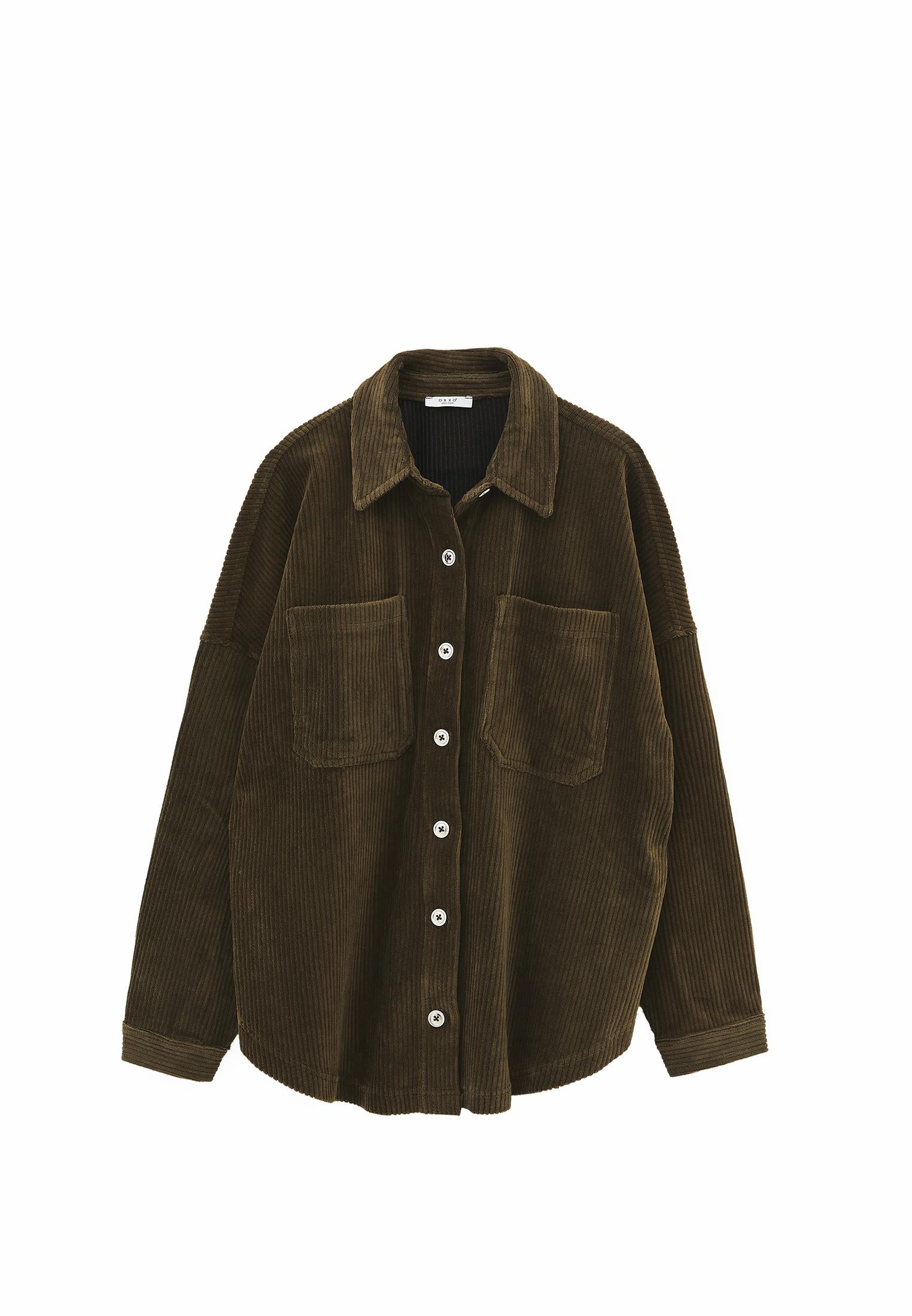 Oversize Pocket Detailed Ribbed Shirt - DARK OLIVE