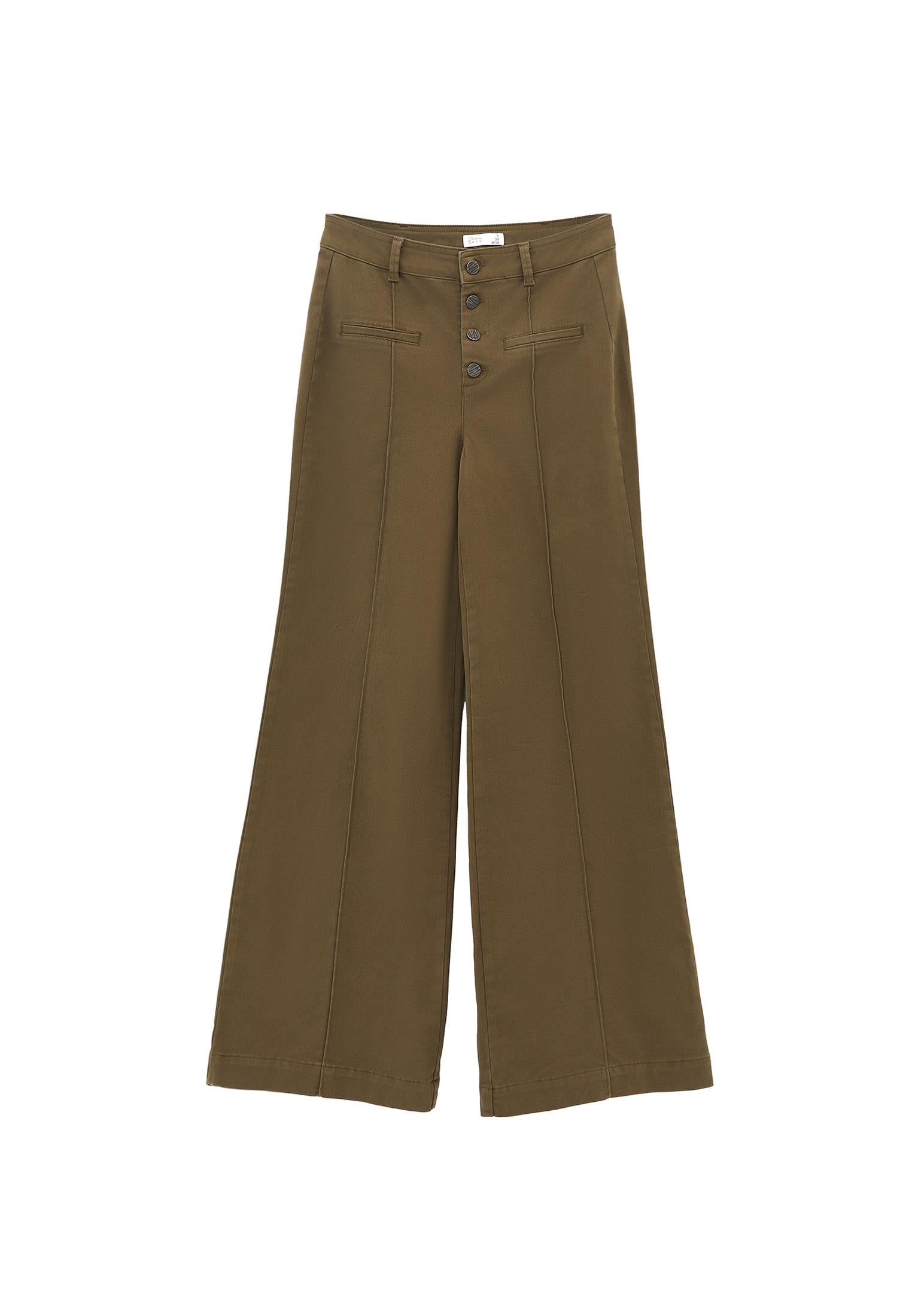 High Waist Pants With Button Details - DARK OLIVE