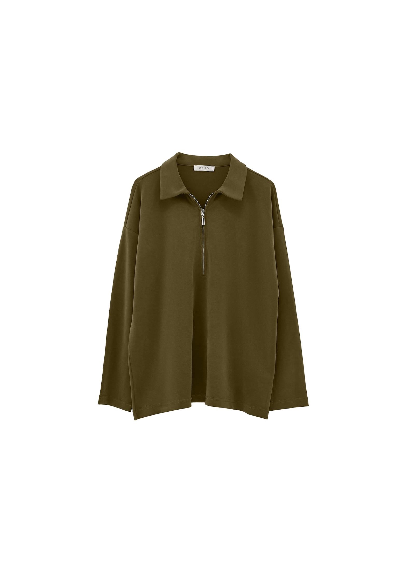 Polo Neck Oversize Sweatshirt - DARK OLIVE