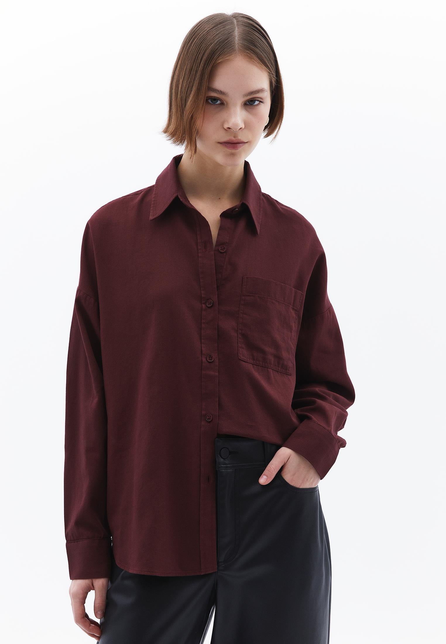 Shirt Collar Buttoned Oversize Long Sleeve Shirt - DECADENT CHOCOLATE