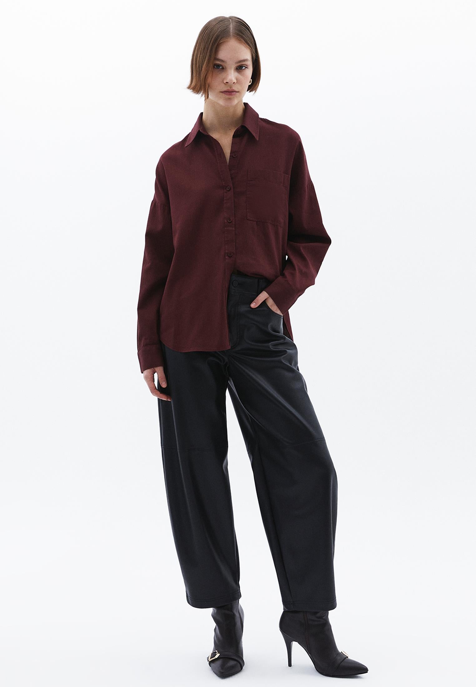 Shirt Collar Buttoned Oversize Long Sleeve Shirt - DECADENT CHOCOLATE
