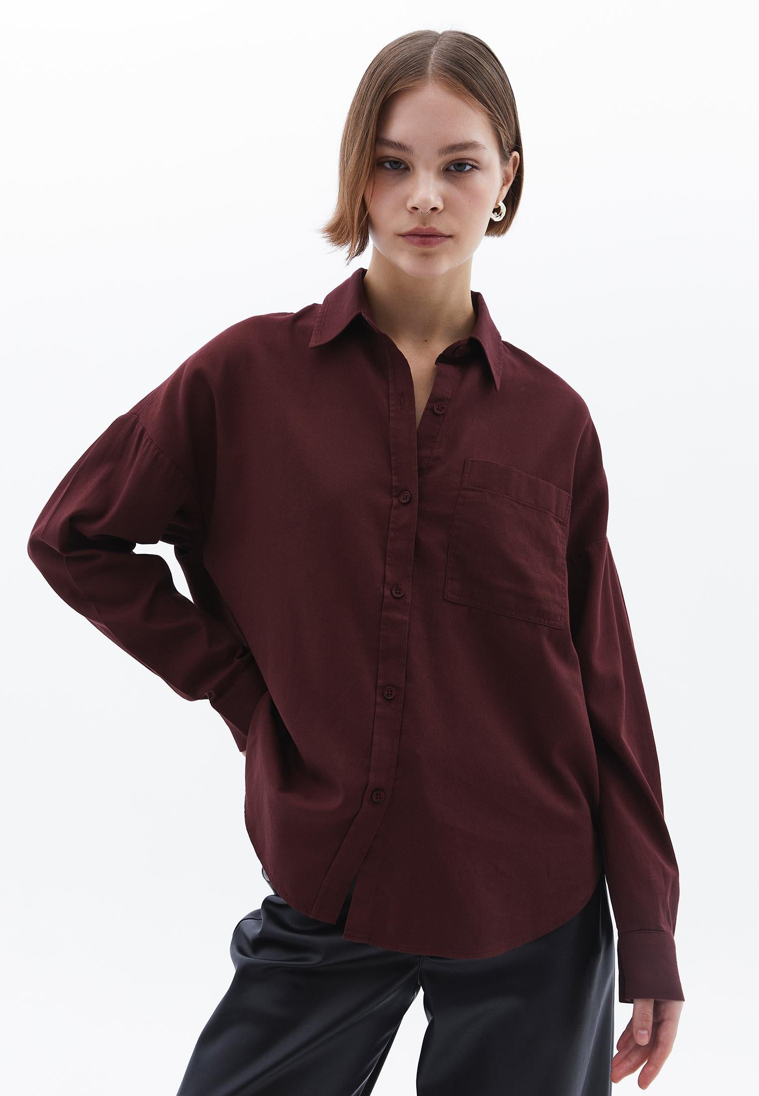 Shirt Collar Buttoned Oversize Long Sleeve Shirt - DECADENT CHOCOLATE
