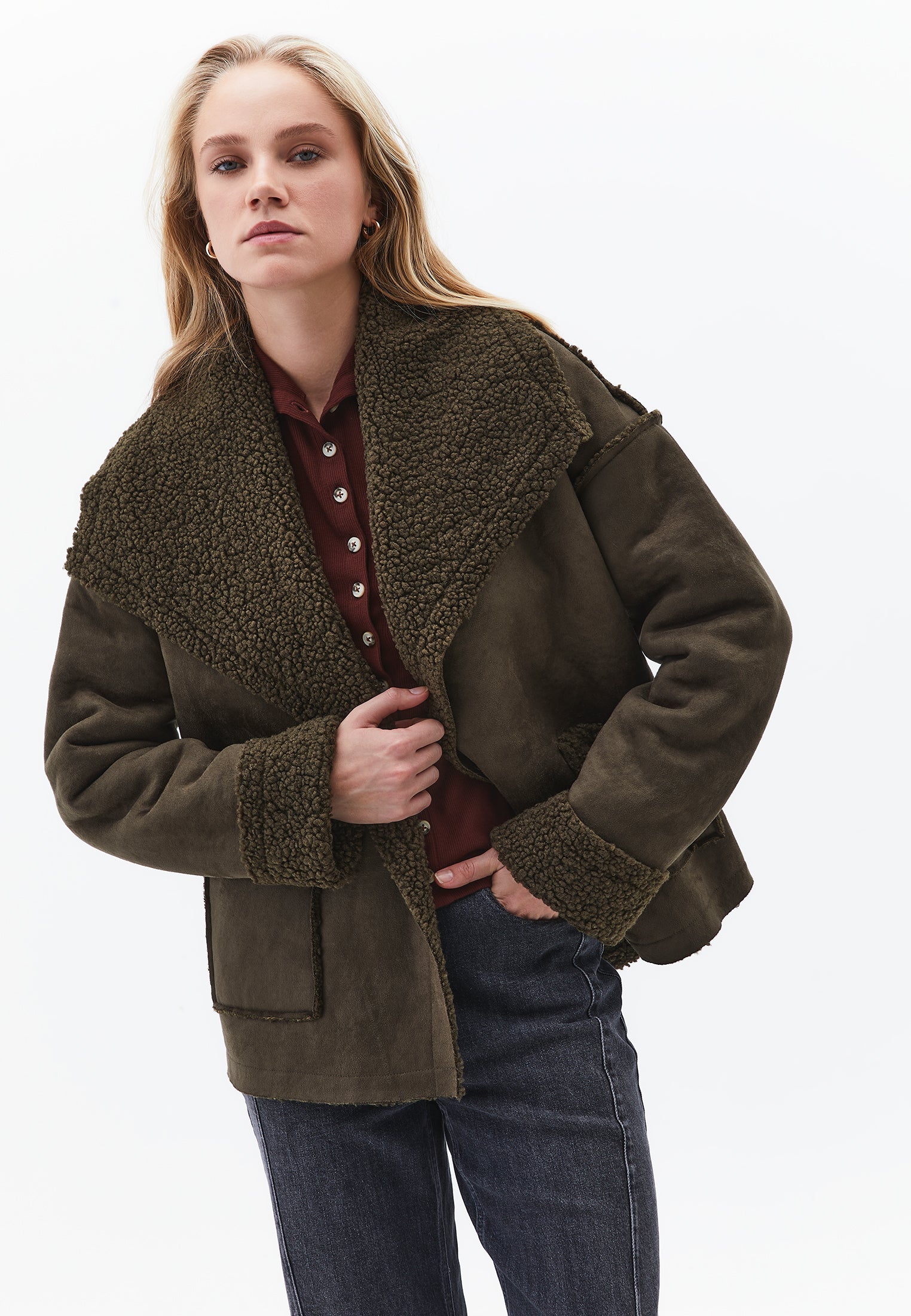 Shawl Collar Long Sleeve Bouclé Jacket - DEEP DEPTHS