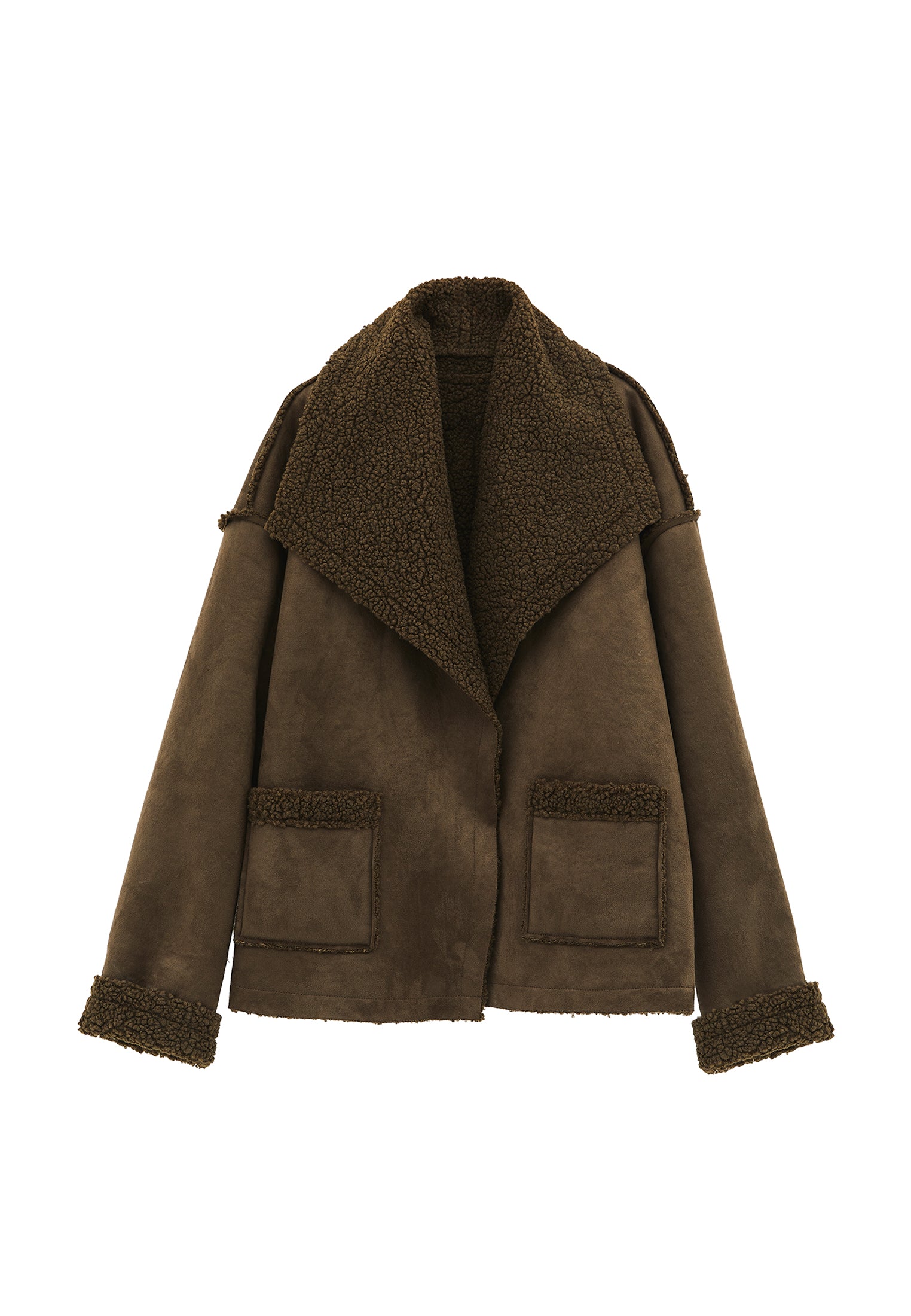 Shawl Collar Long Sleeve Bouclé Jacket - DEEP DEPTHS