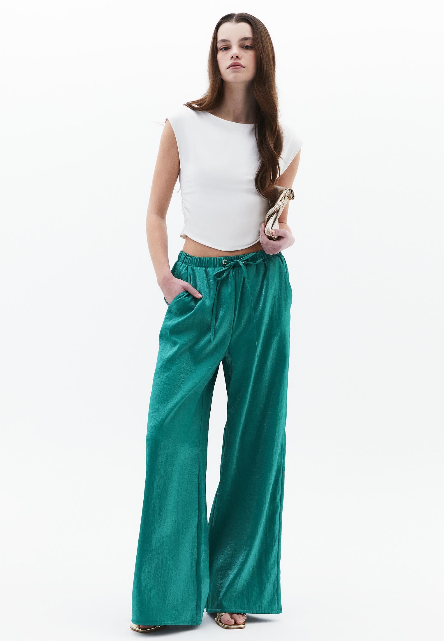 Wide Leg Shiny Pants - DEEP SEA