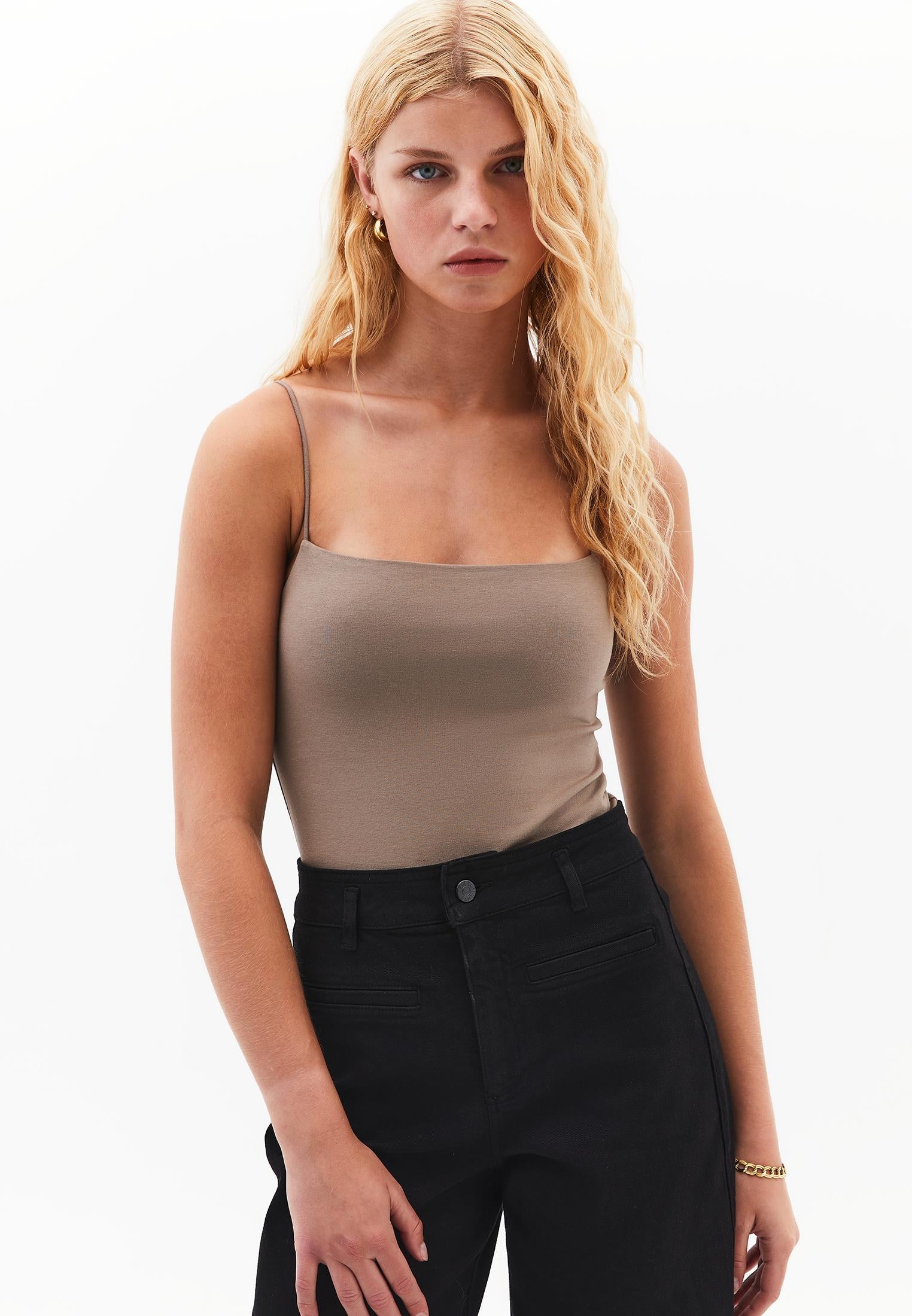 Wide Neck Bodycon Tank Top - DESERT TAUPE