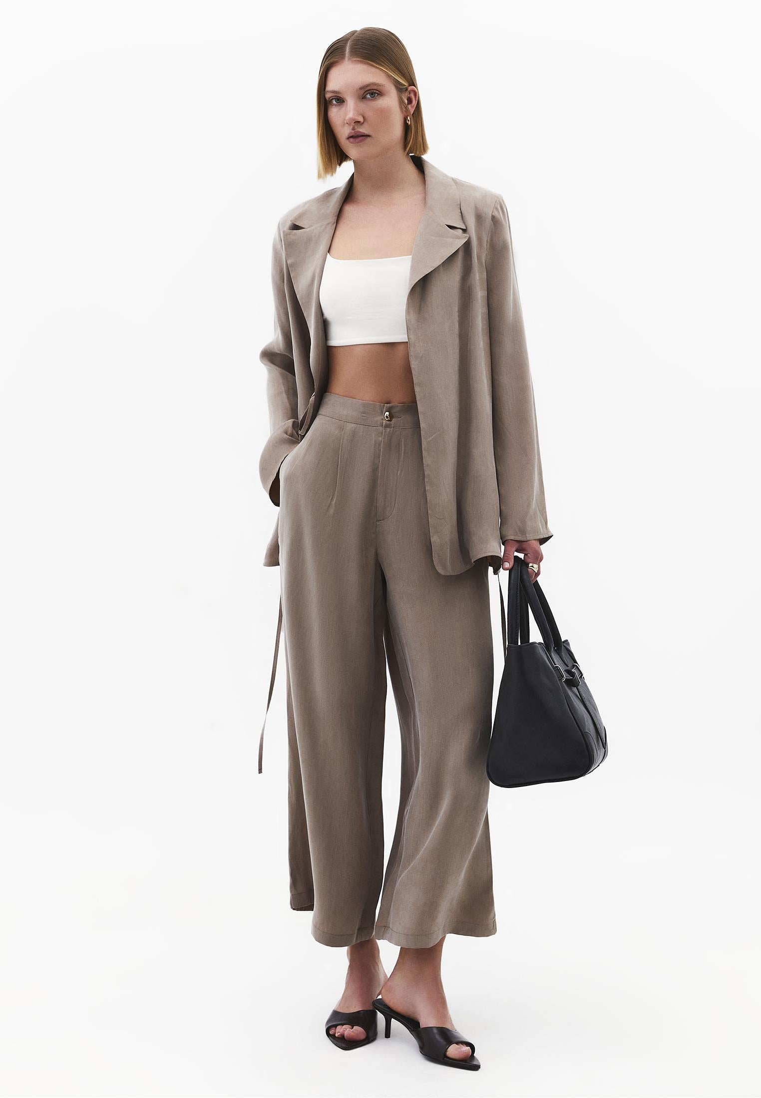 Ultra High Waist Straight Pants With Button Detail - DESERT TAUPE