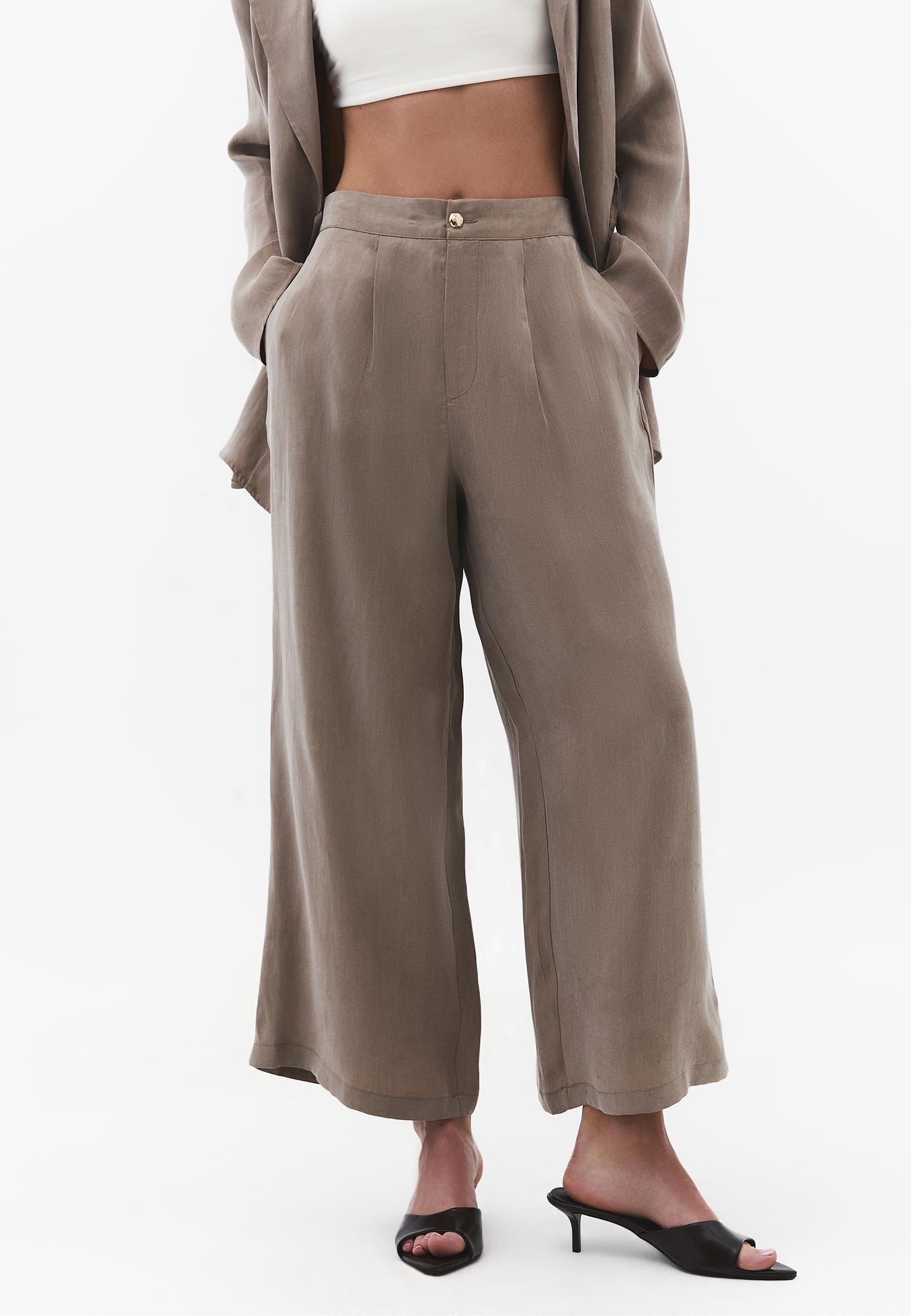 Ultra High Waist Straight Pants With Button Detail - DESERT TAUPE