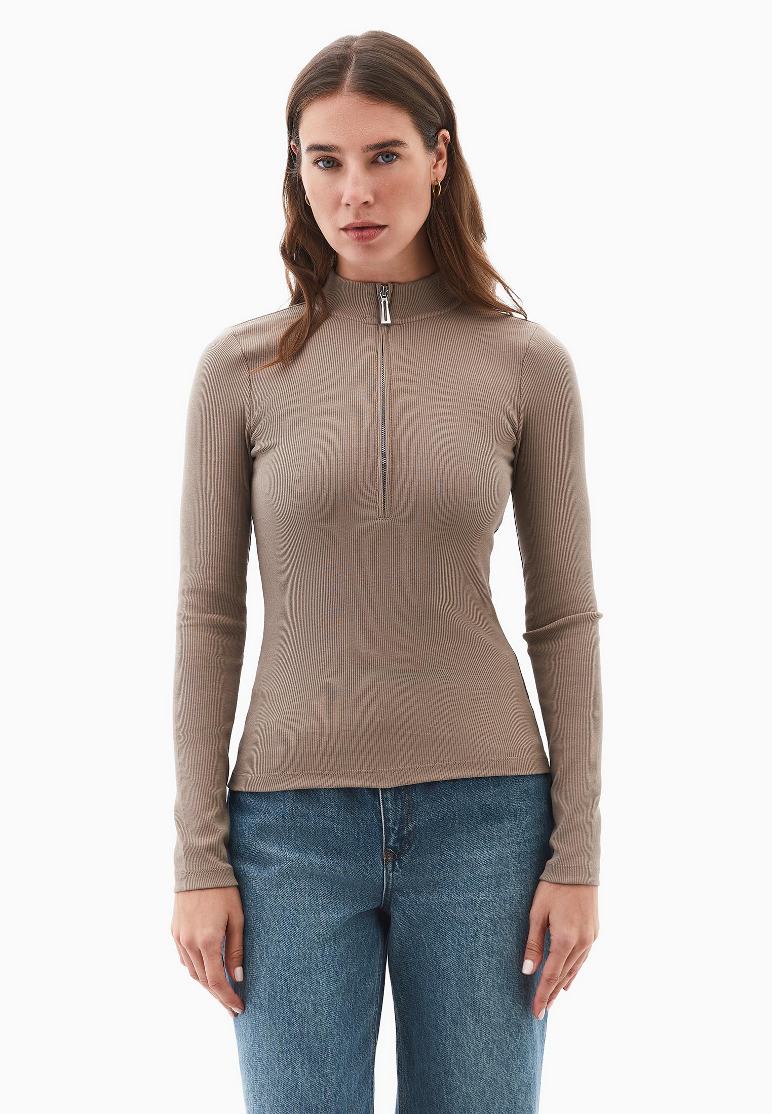 High Neck T-Shirt With Zipper Detail - DESERT TAUPE