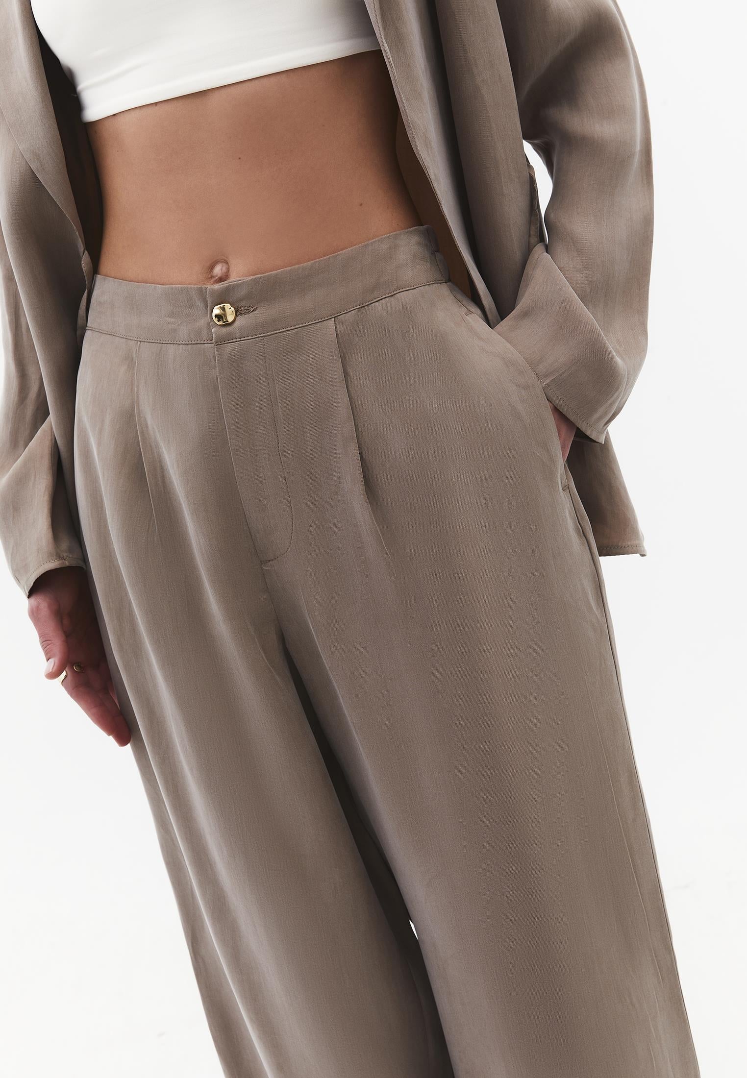 Ultra High Waist Straight Pants With Button Detail - DESERT TAUPE