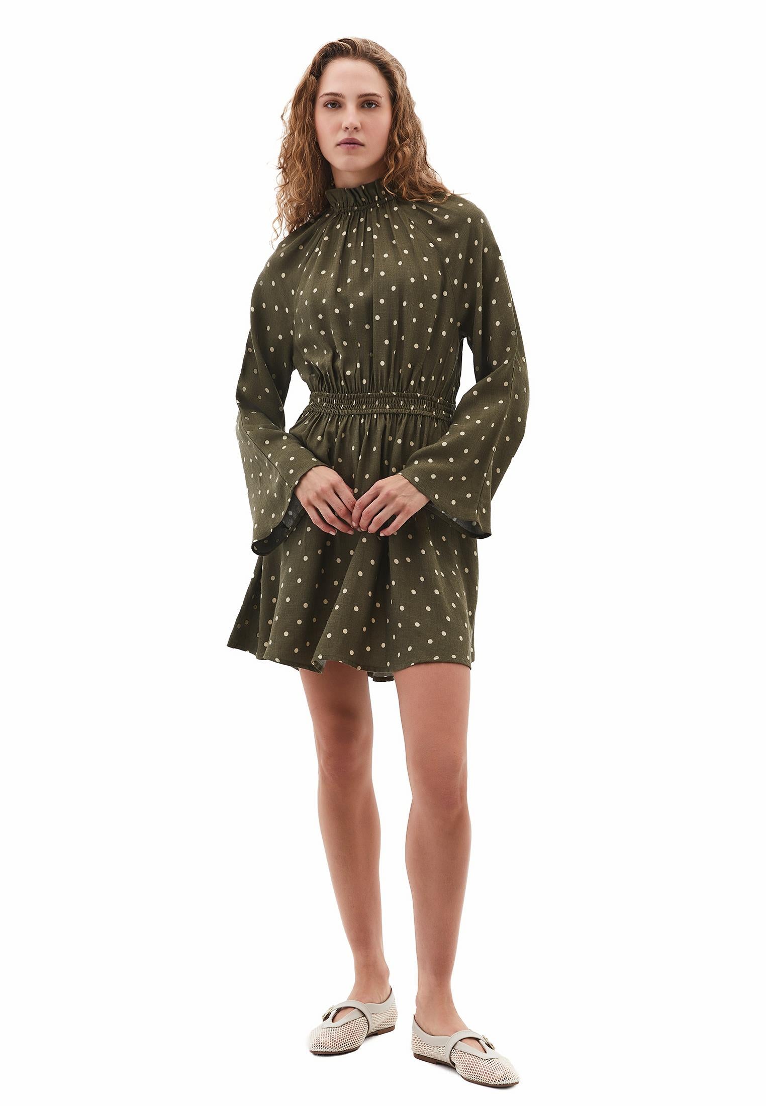 High Neck Printed Short Dress - DOT COMB