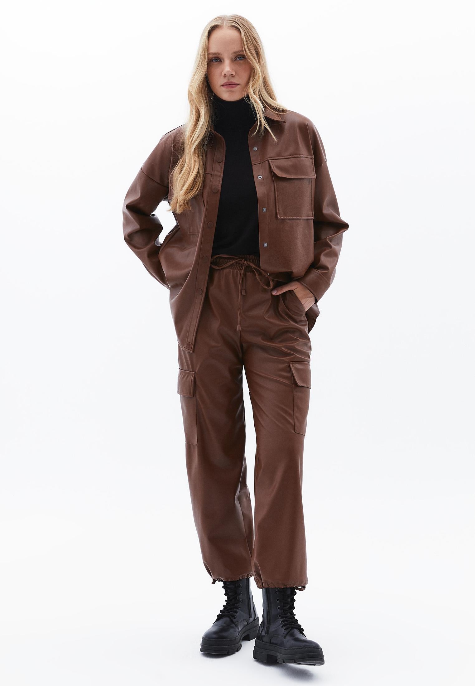 Jogger High Waist Leather Pants - DOWNTOWN BROWN
