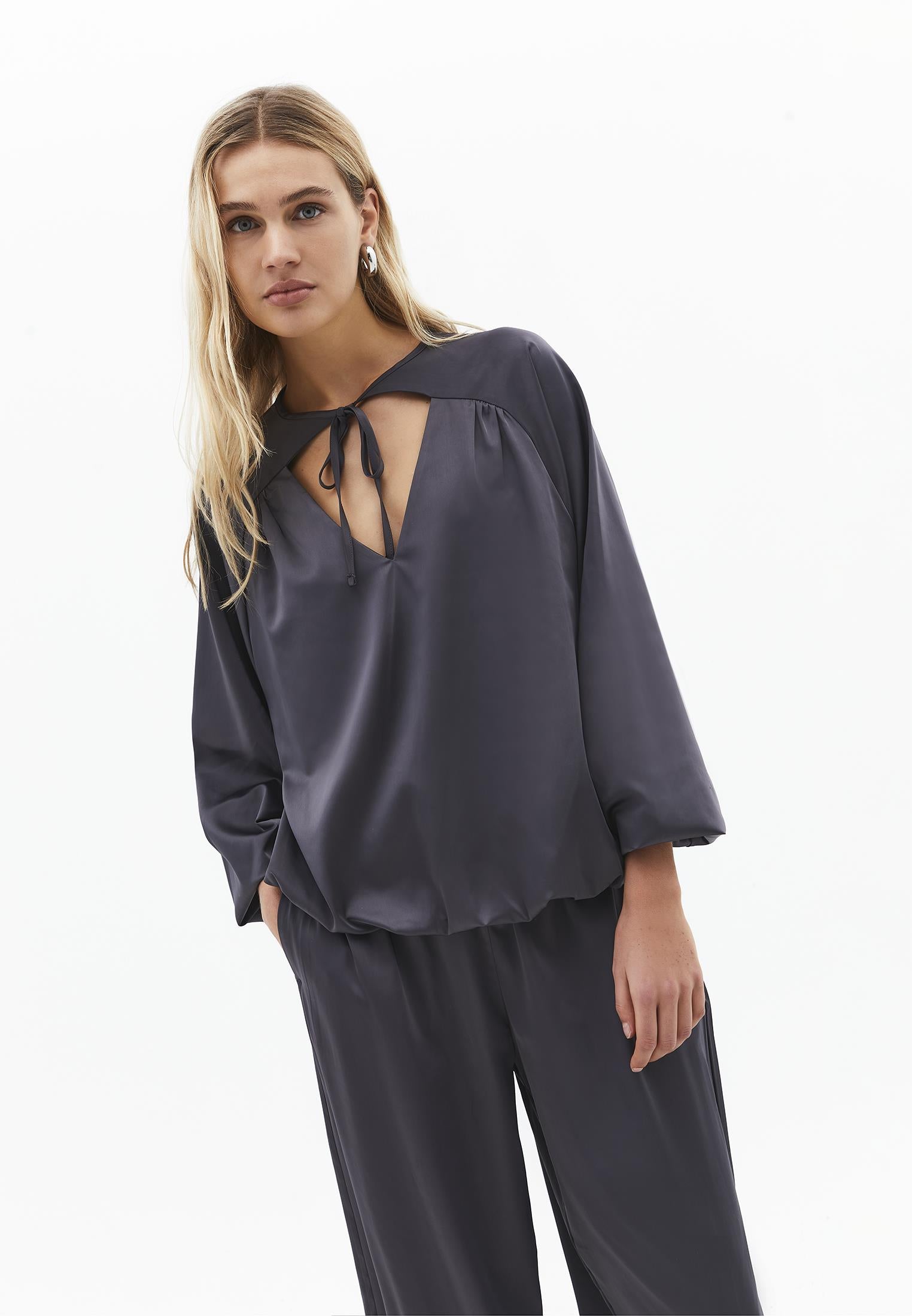 V-Neck Tie Long Sleeve Blouse - EIFFEL TOWER