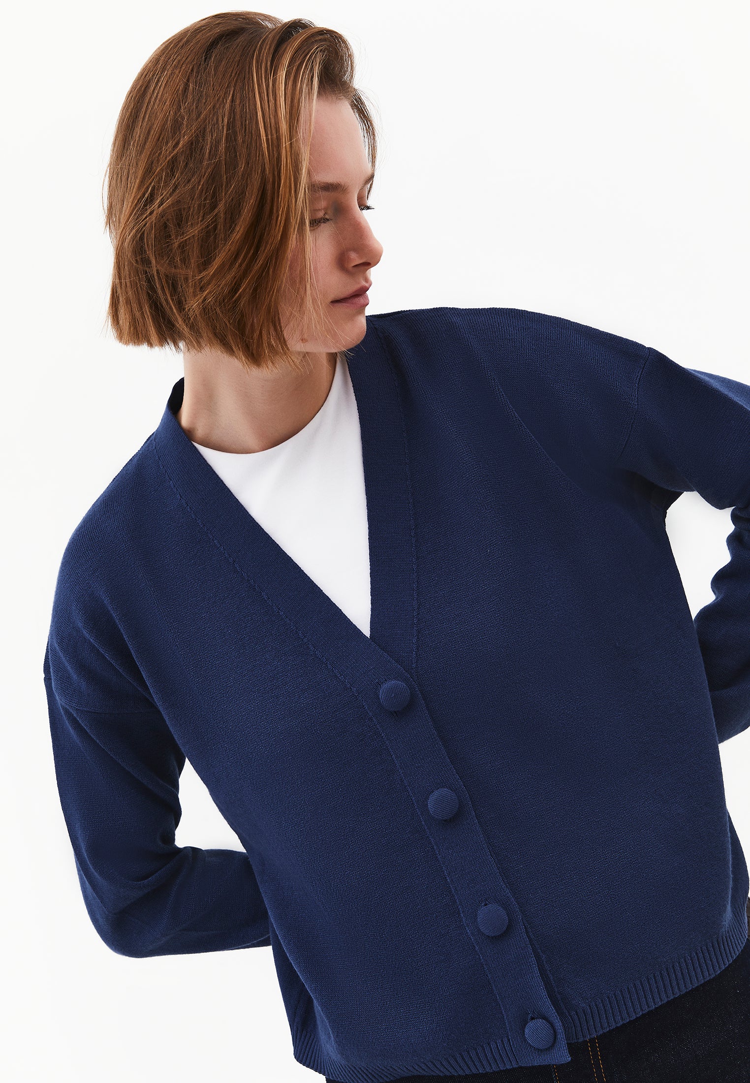 V-Neck Long Sleeve Cardigan - ENSIGN BLUE