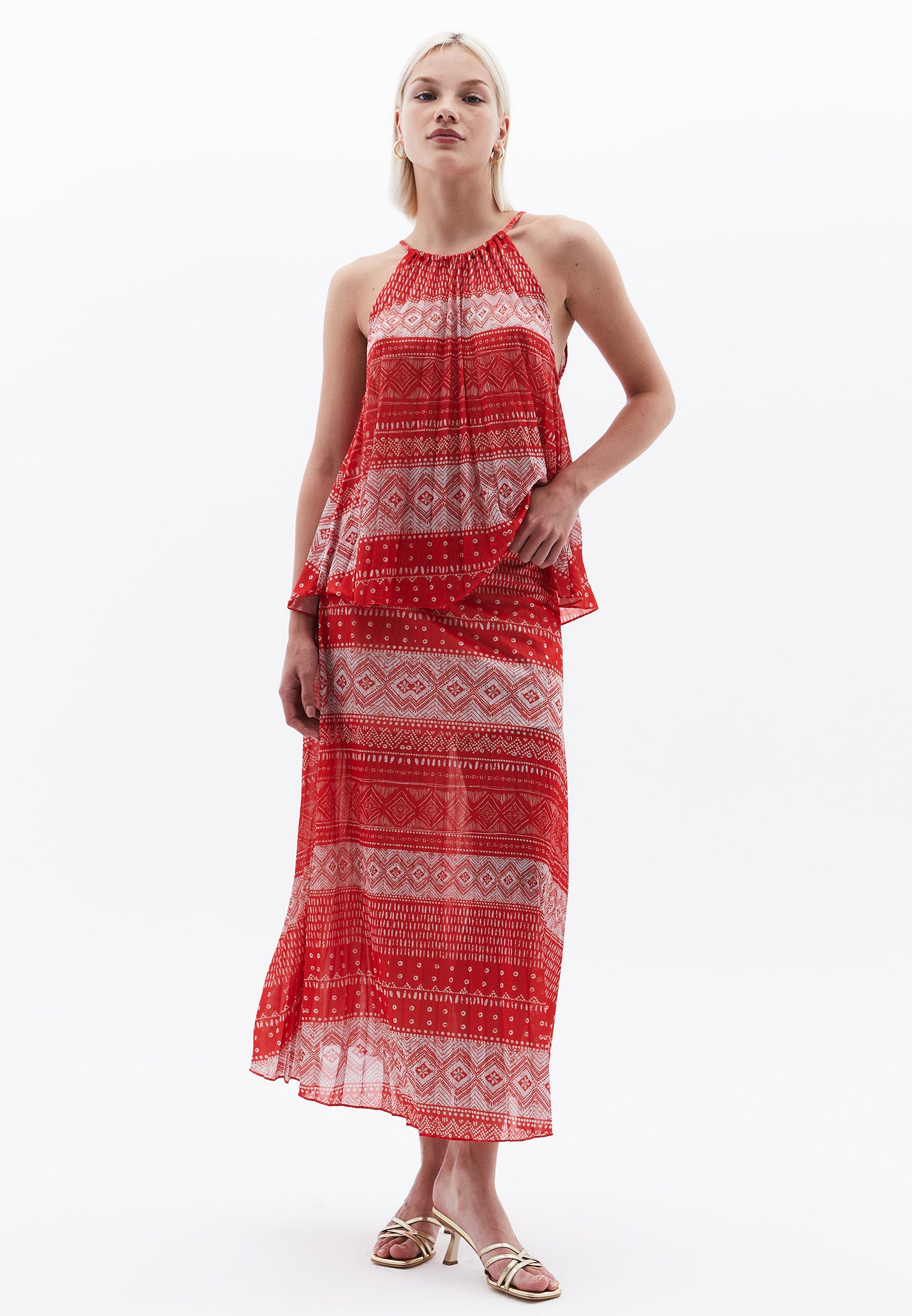 Pleated Printed Long Flared Skirt - ETHNIC COMB