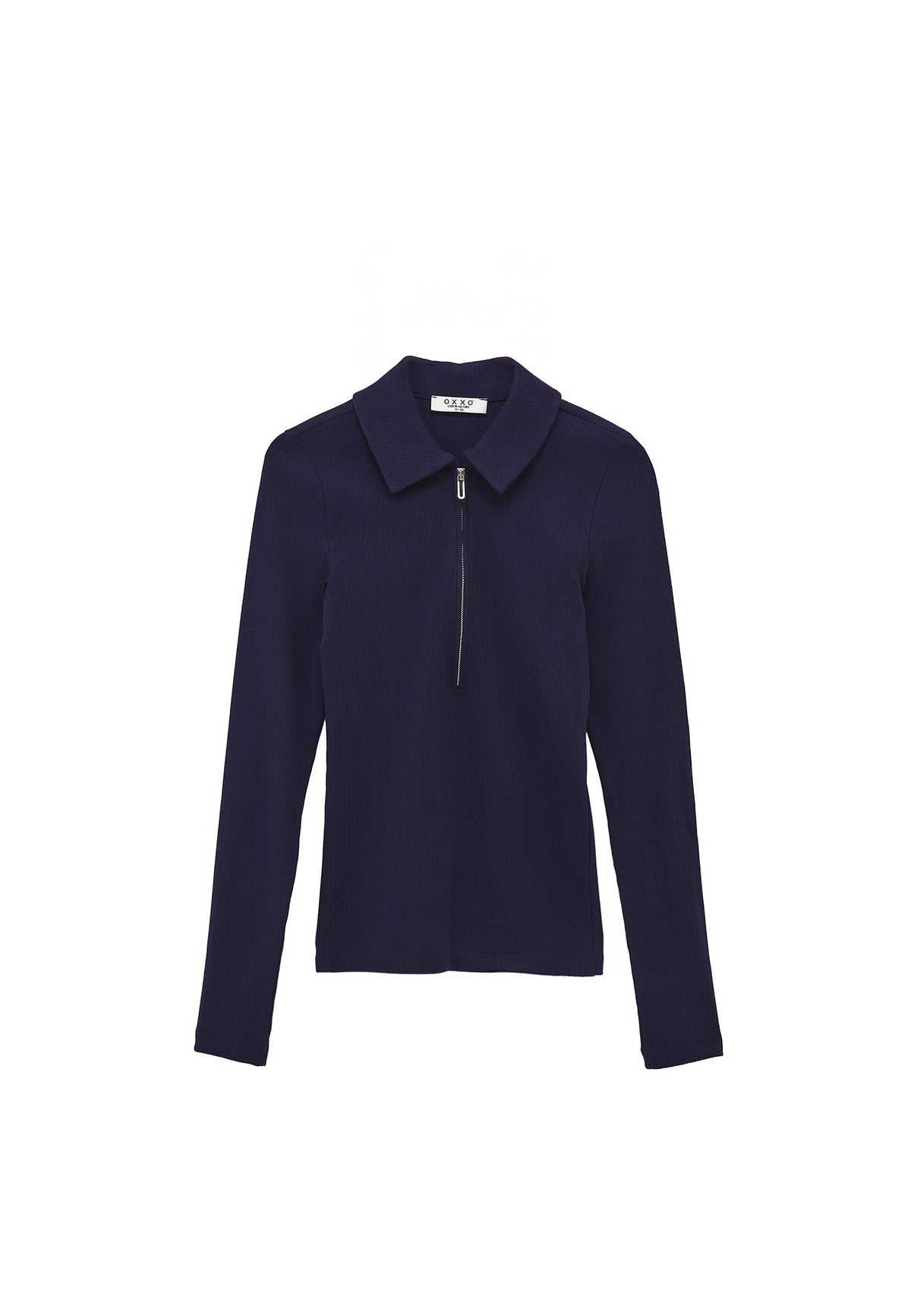 Polo Collar Long Sleeve T-Shirt With Zipper Detail - EVENING BLUE