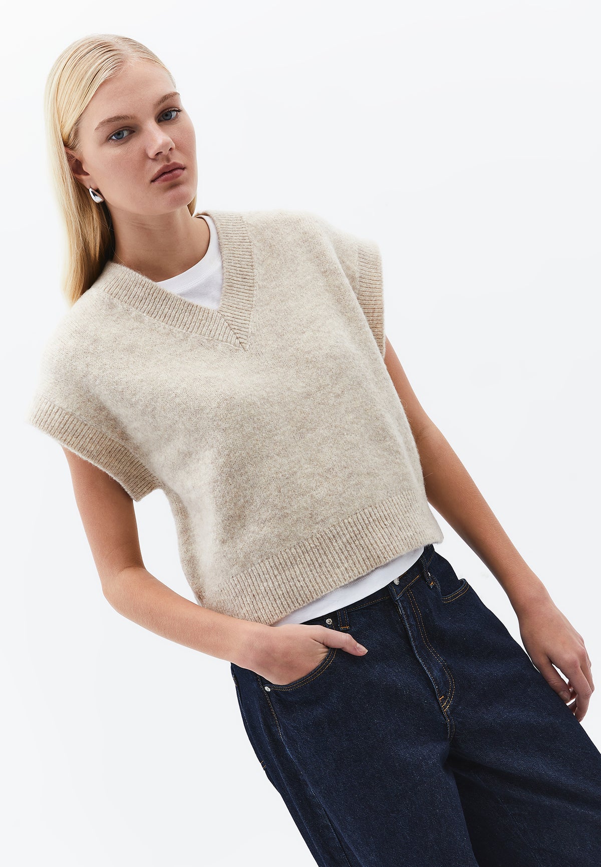 V Neck Sleeveless Knit Vest - FEATHER GRAY MELANGE