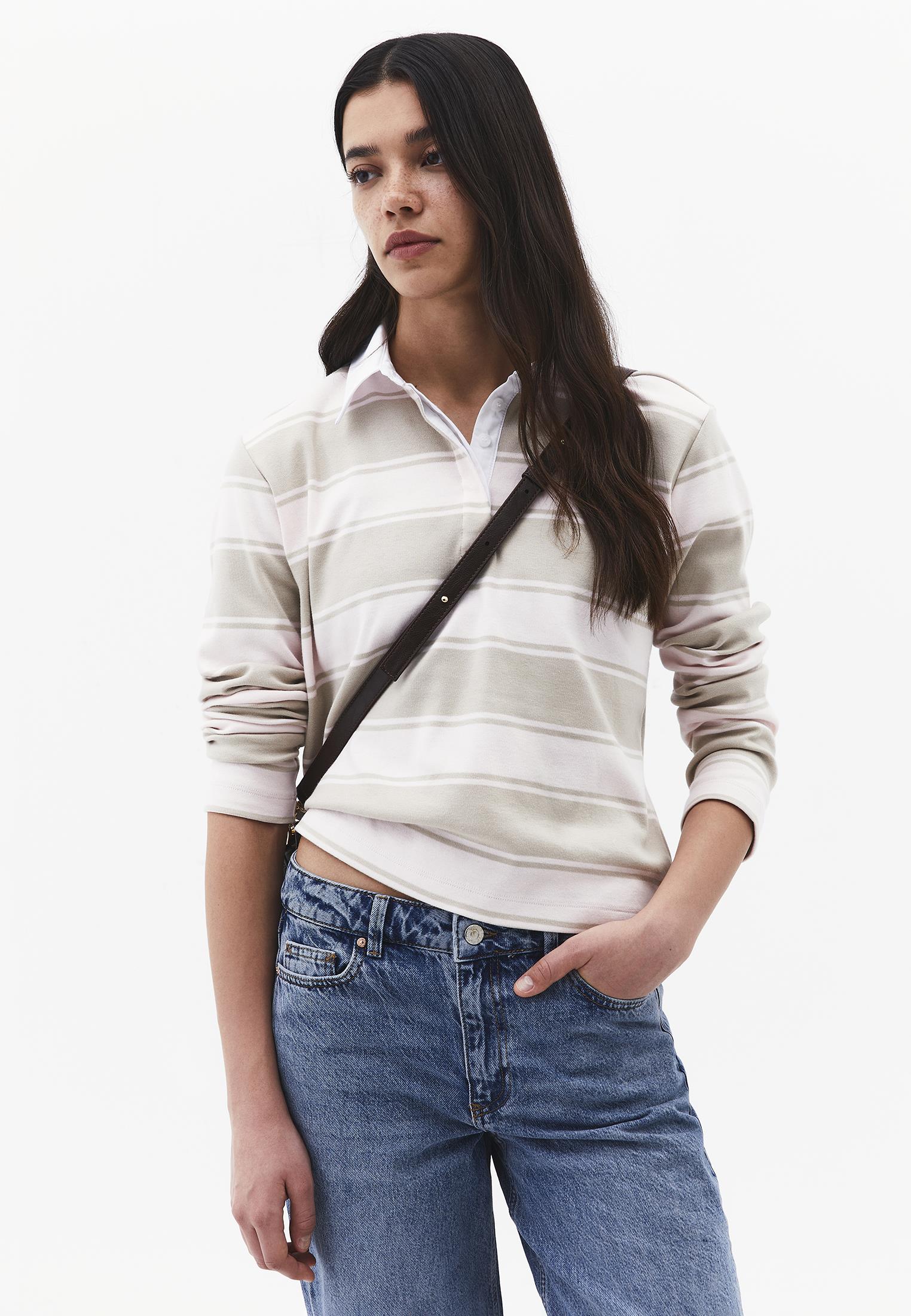 Polo Collar Long Sleeve Buttoned T-Shirt - FEATHER GRAY STRIPED