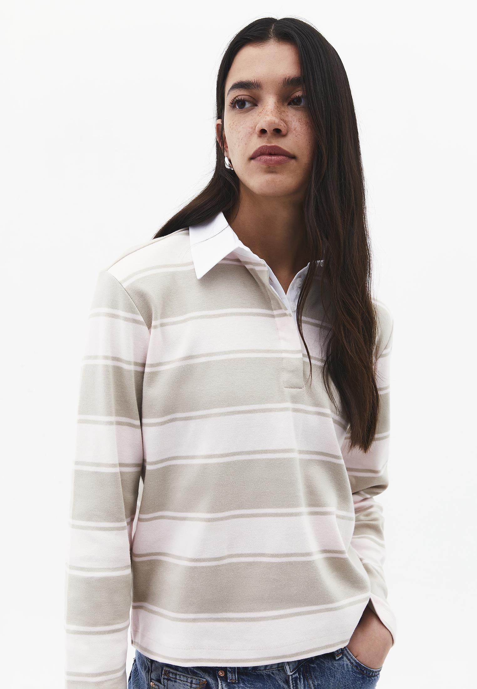 Polo Collar Long Sleeve Buttoned T-Shirt - FEATHER GRAY STRIPED
