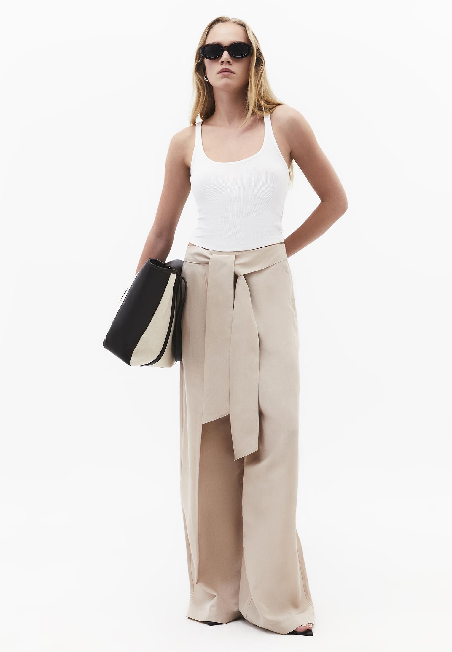 Belted High Waist Wide Leg Pants - FEATHER GRAY