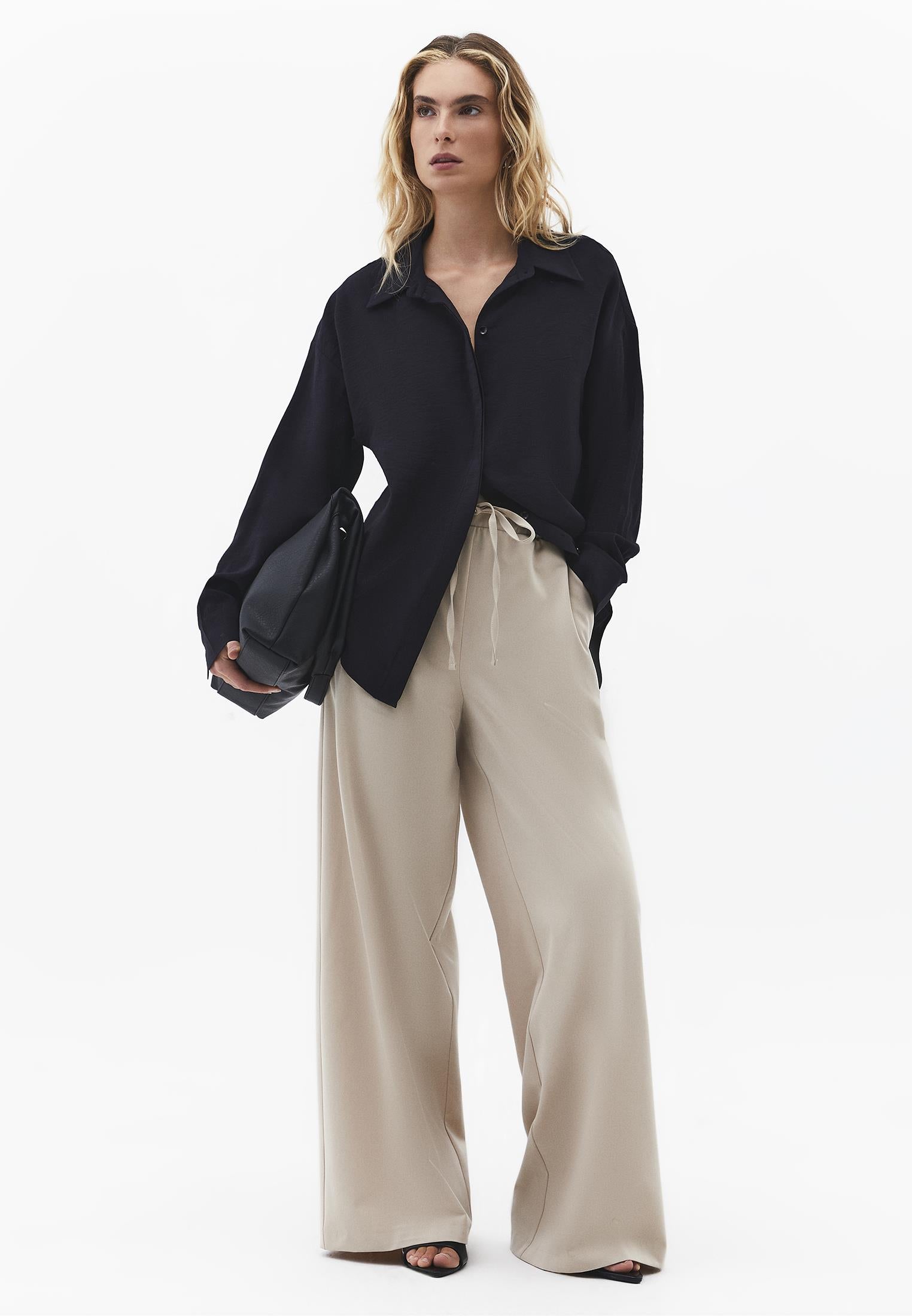 Wide Leg High Waist Elastic Waistband Pants - FEATHER GRAY