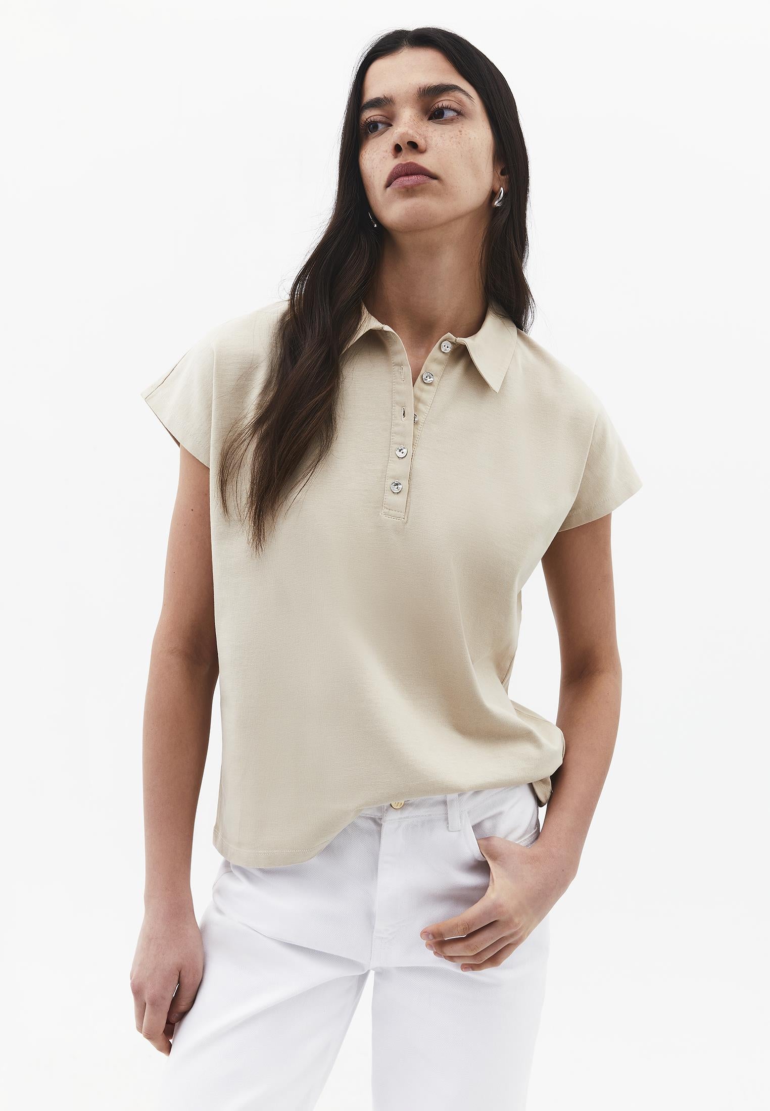 Button Detailed Polo Neck T-Shirt - FEATHER GRAY
