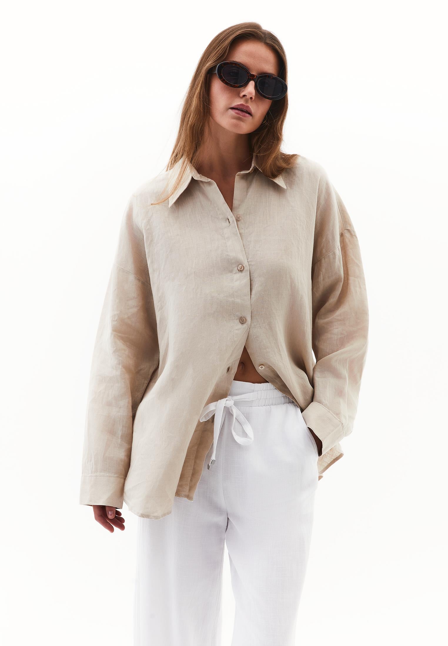 Linen Shirt With Large Fit And Buttons - FEATHER GRAY