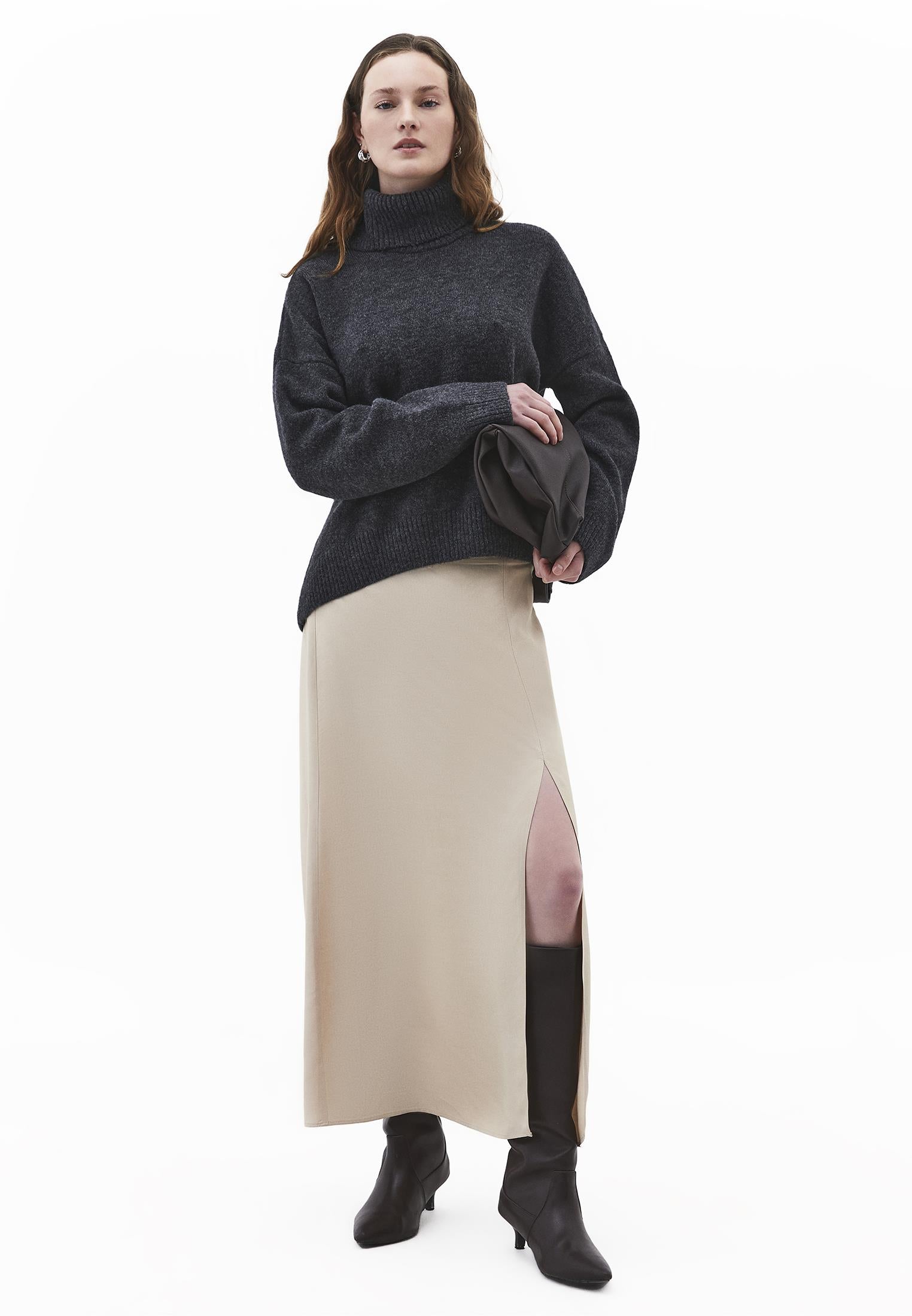 Midi Flared Skirt With Slit - FEATHER GRAY