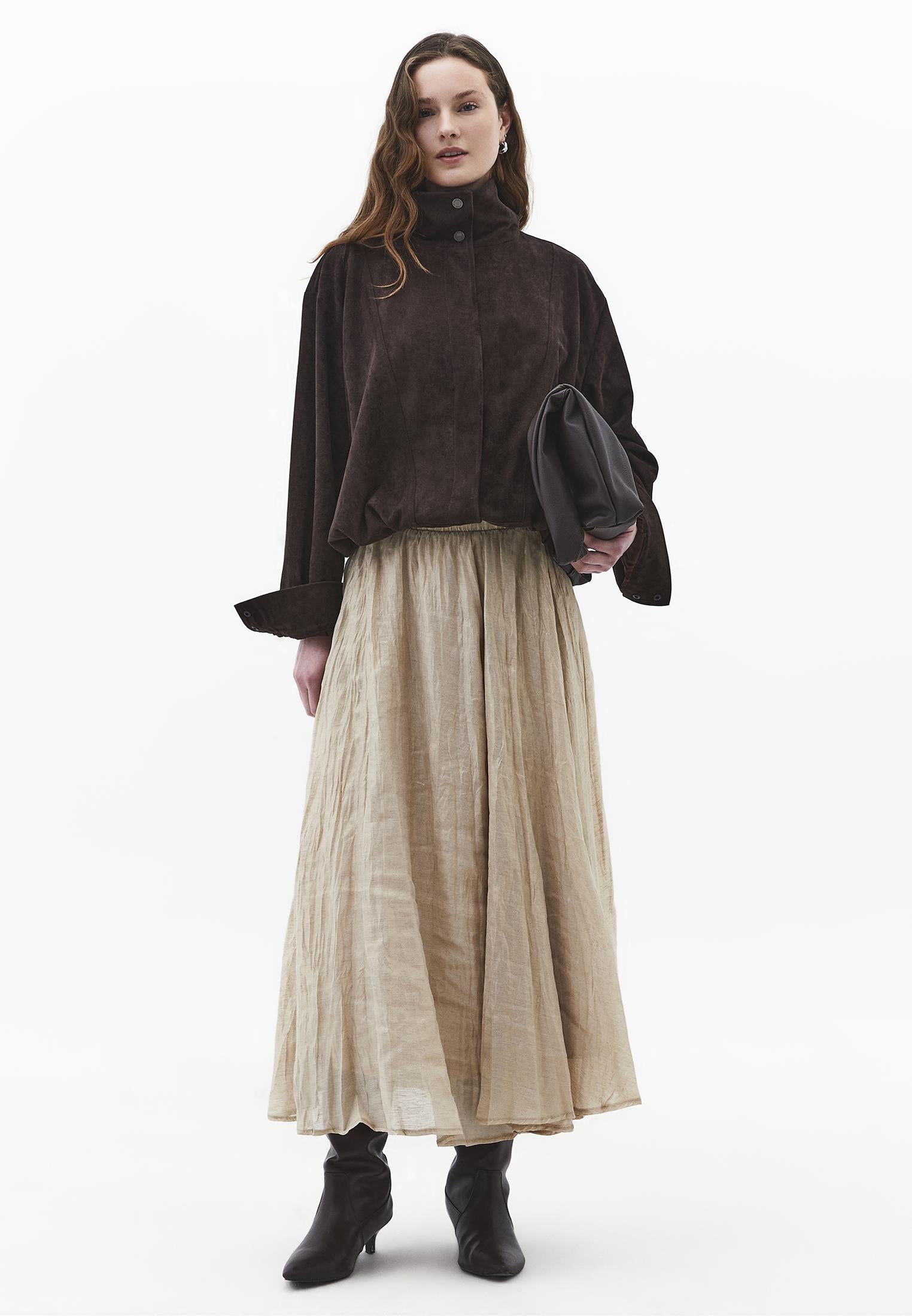 Shiny Flared Long Skirt - FEATHER GRAY