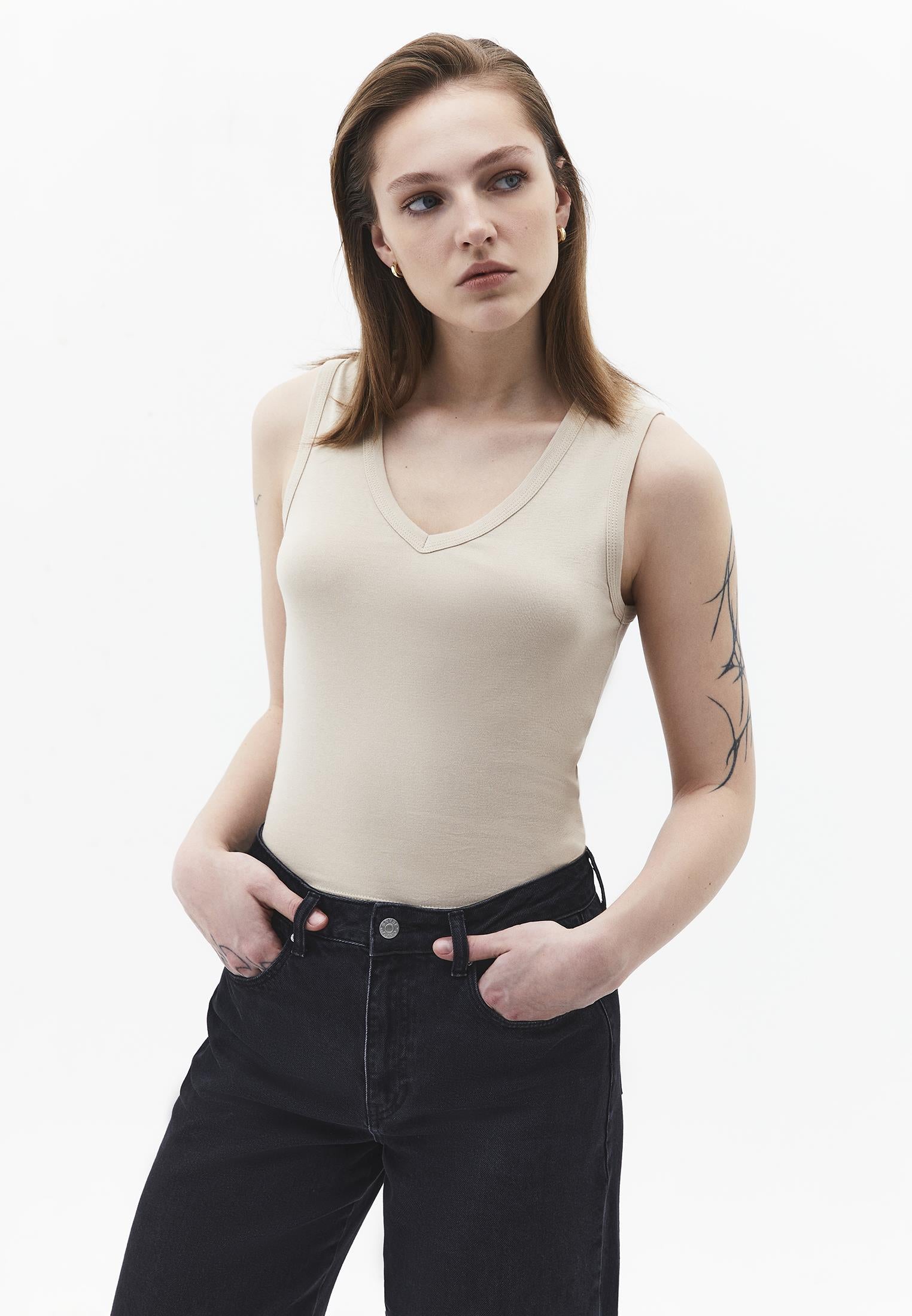V Neck Bodycon Rib Tank Top - FEATHER GRAY