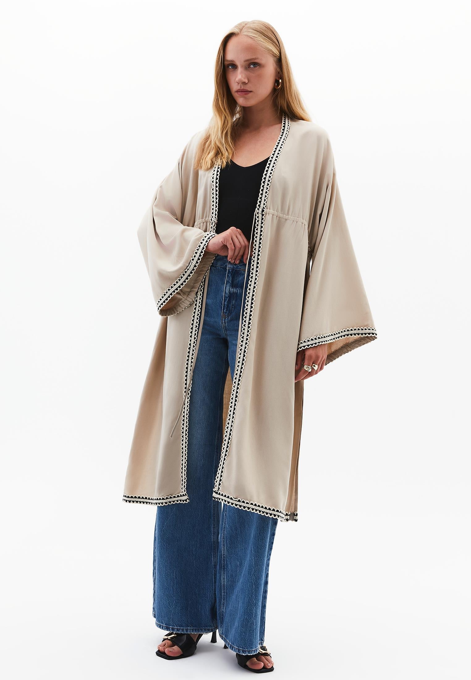 Long Kimono With Kimono Sleeve Tie - FEATHER GRAY