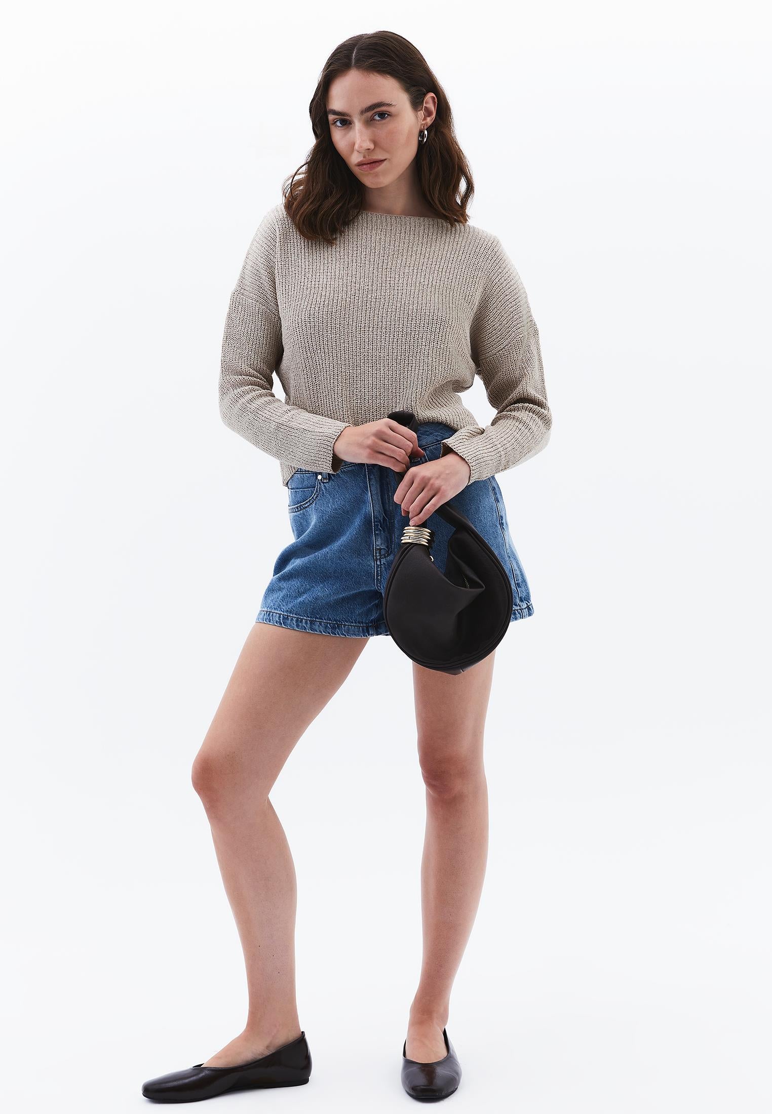 Boat Neck Long Sleeve Sweater - FEATHER GRAY