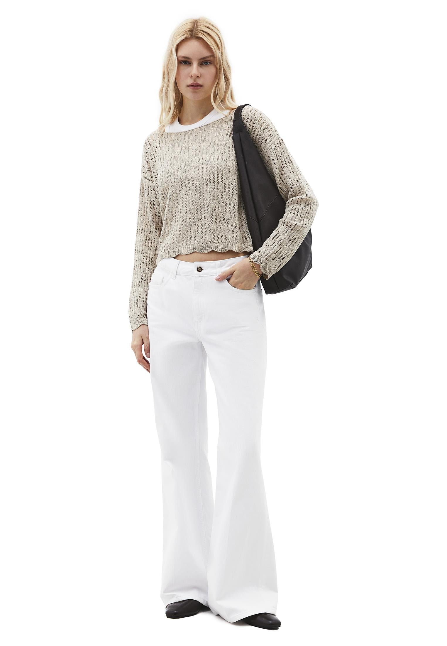 Openwork Boat Neck Sweater - FEATHER GRAY