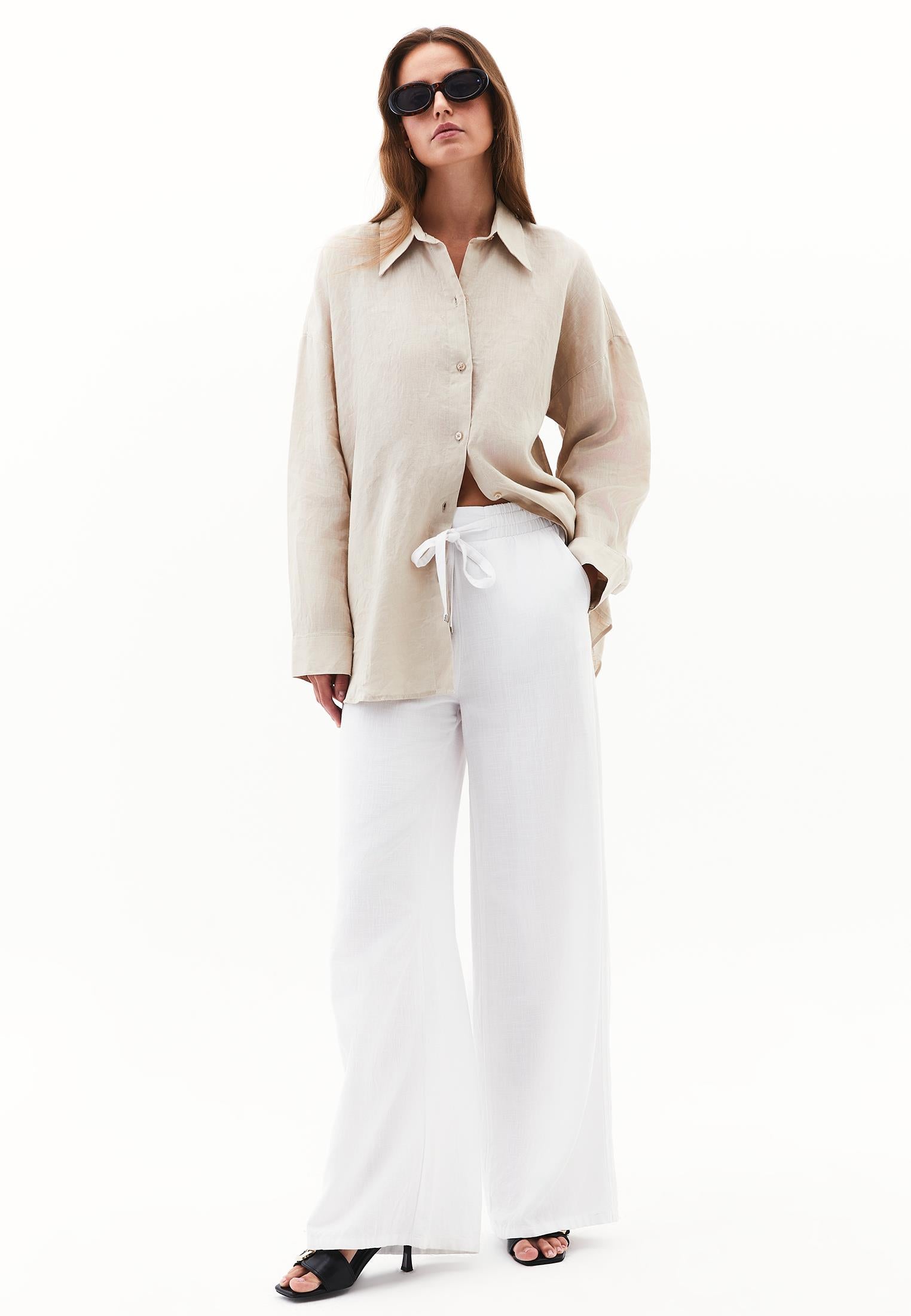 Linen Shirt With Large Fit And Buttons - FEATHER GRAY