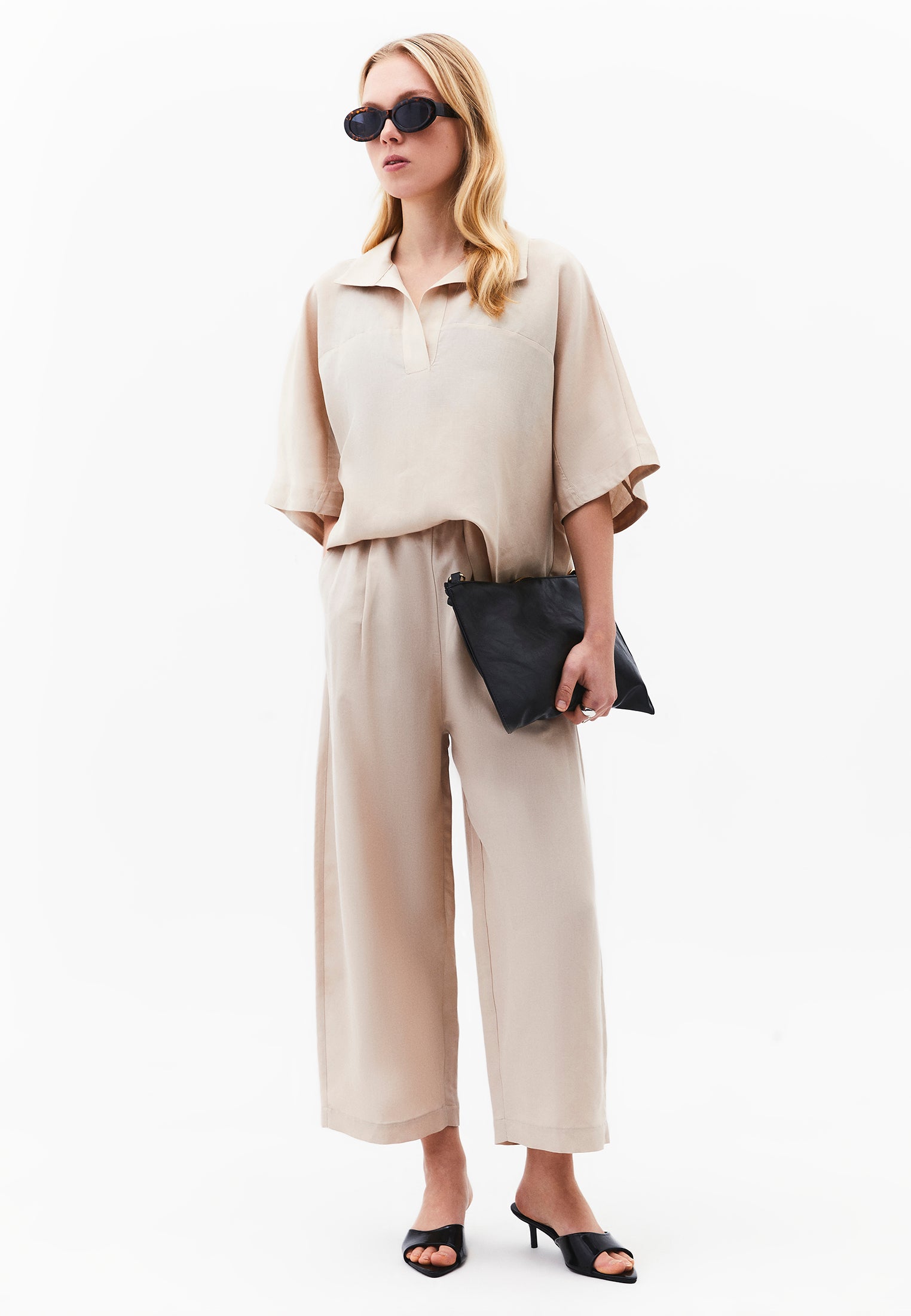 Polo Neck Batwing Sleeve Oversize Blouse - FEATHER GRAY