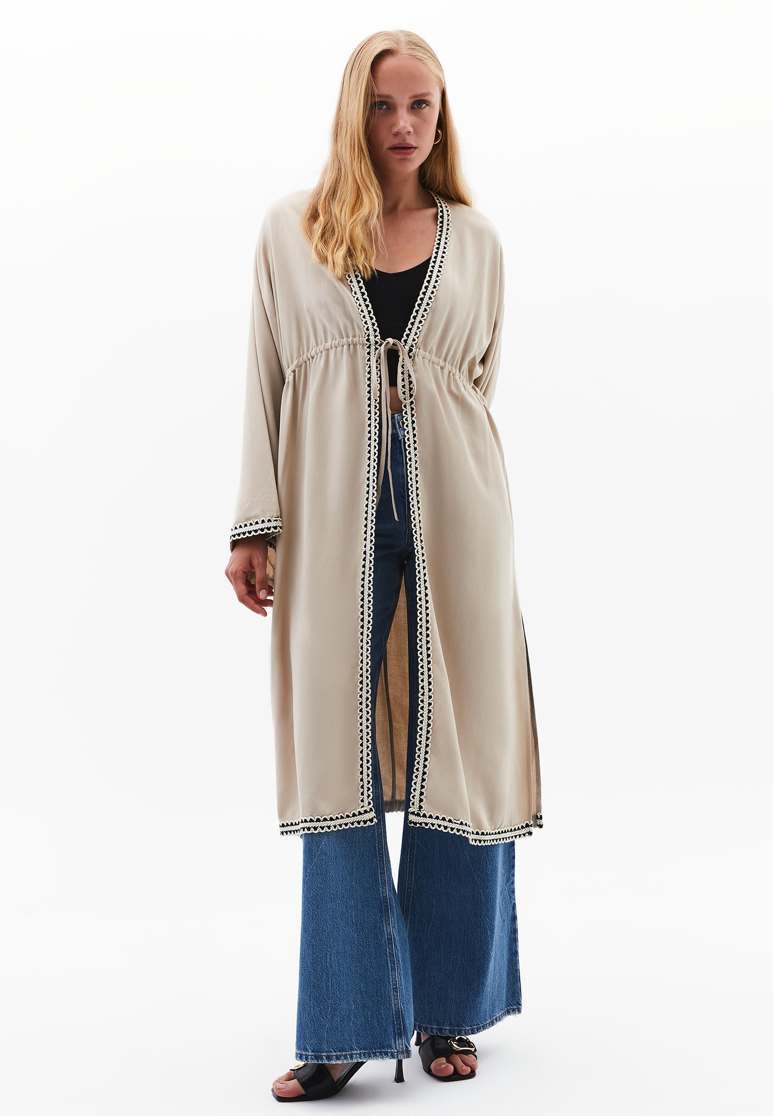 Long Kimono With Kimono Sleeve Tie - FEATHER GRAY