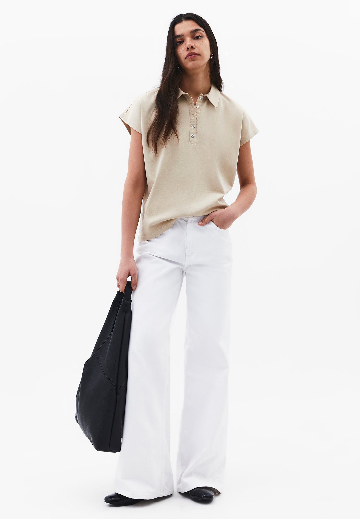 Button Detailed Polo Neck T-Shirt - FEATHER GRAY