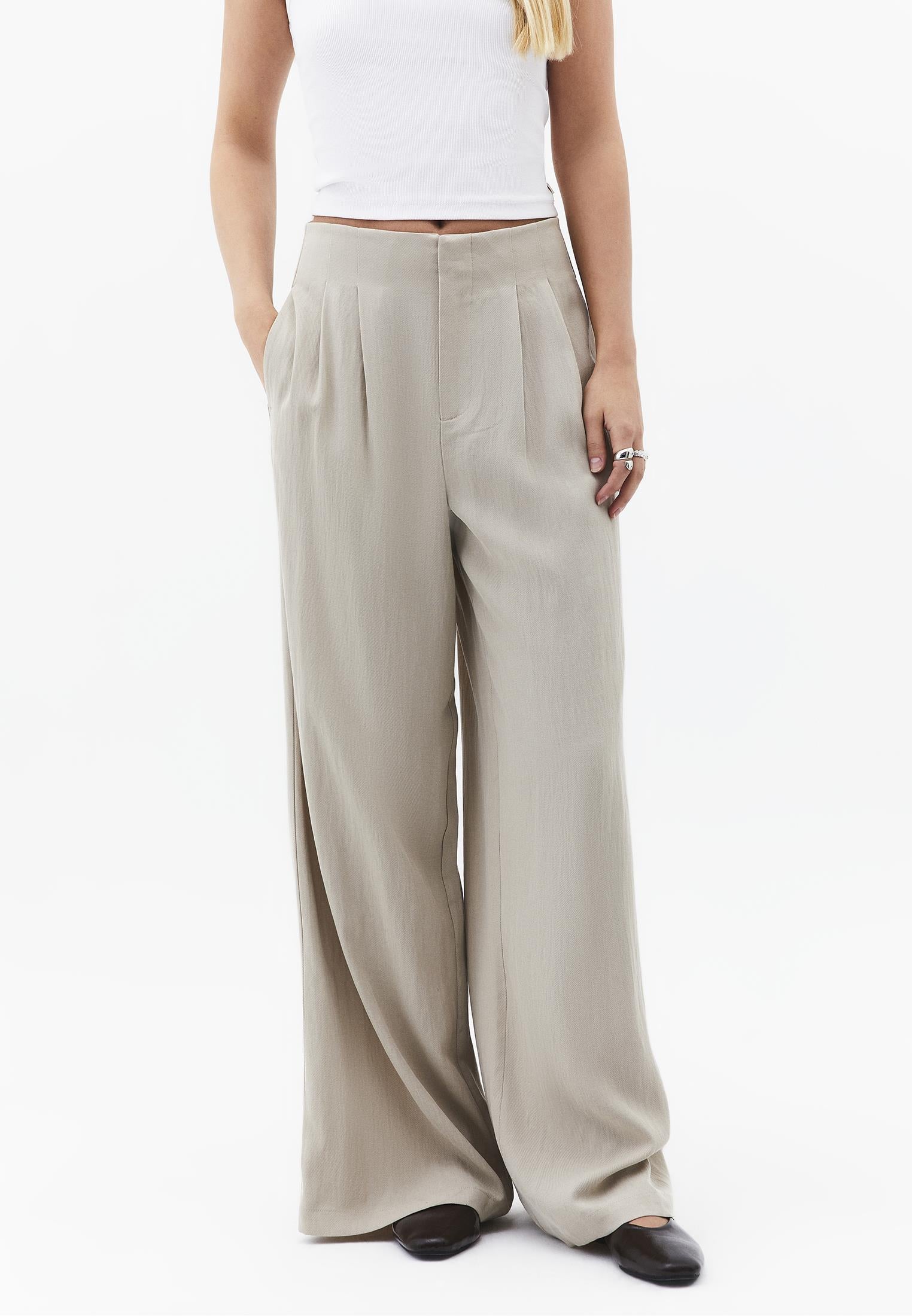 Ultra High Waist Wide Leg Pleated Pants - FEATHER GRAY
