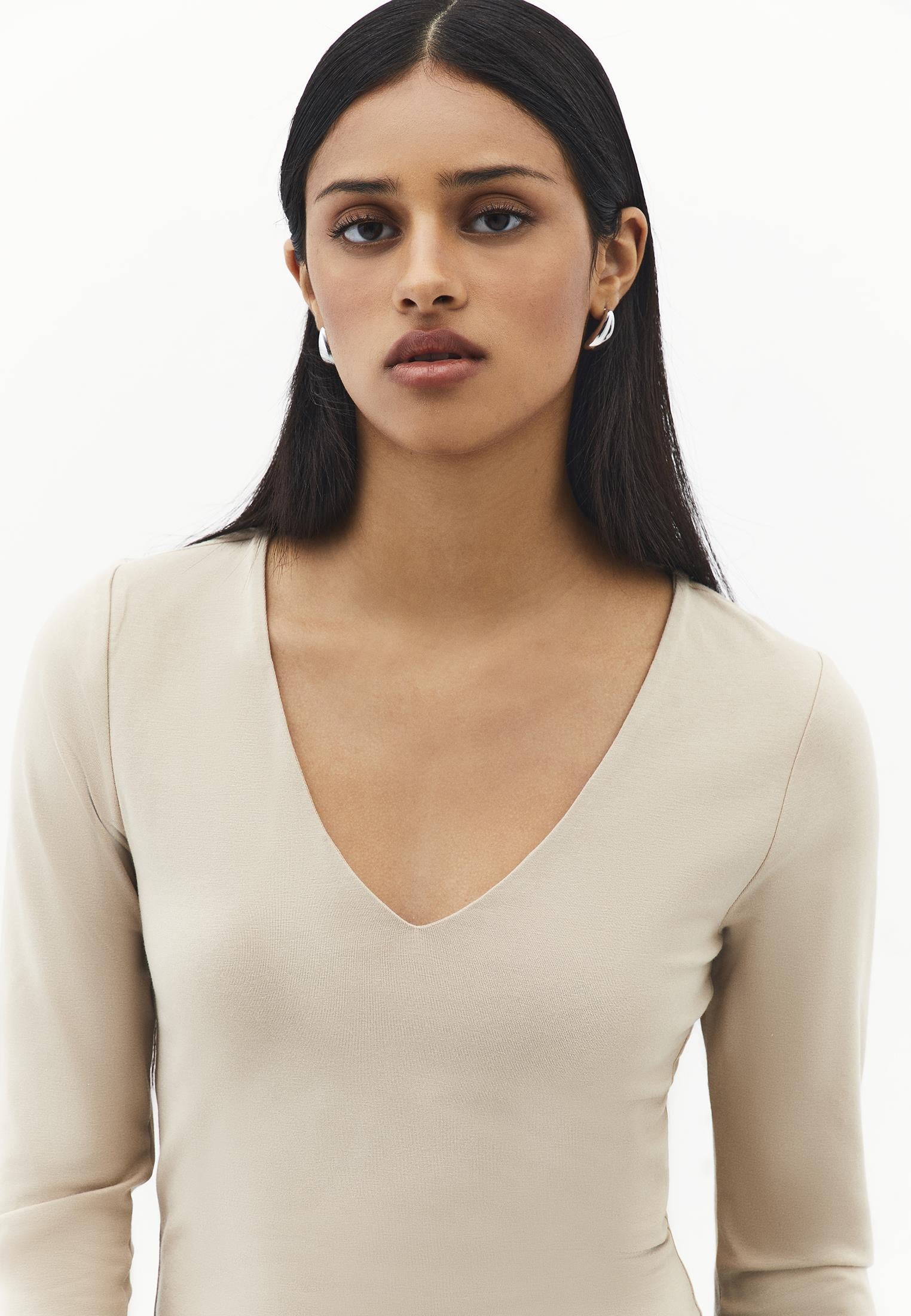 V Neck Long Sleeve Bodycon T-Shirt - FEATHER GRAY