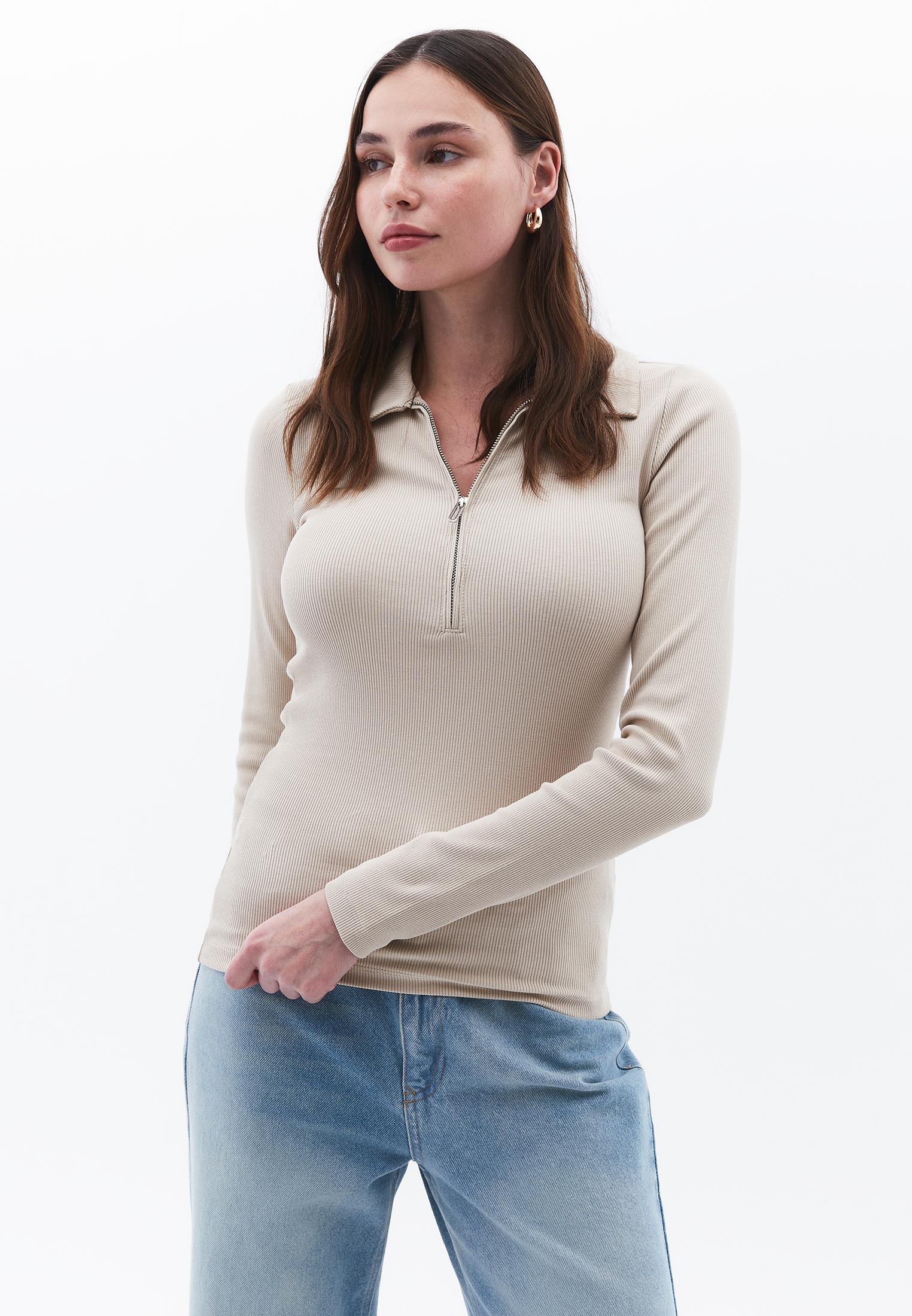 Long Sleeve Polo Collar Zipper Detail T-Shirt - FEATHER GRAY