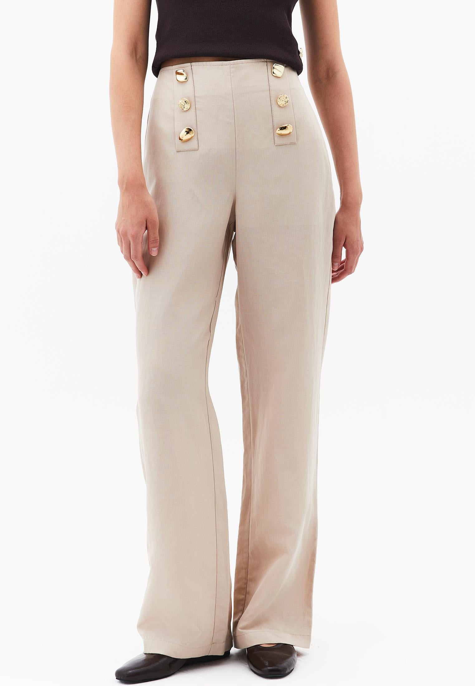 Ultra High Waist Straight Pants With Button Detail - FEATHER GRAY
