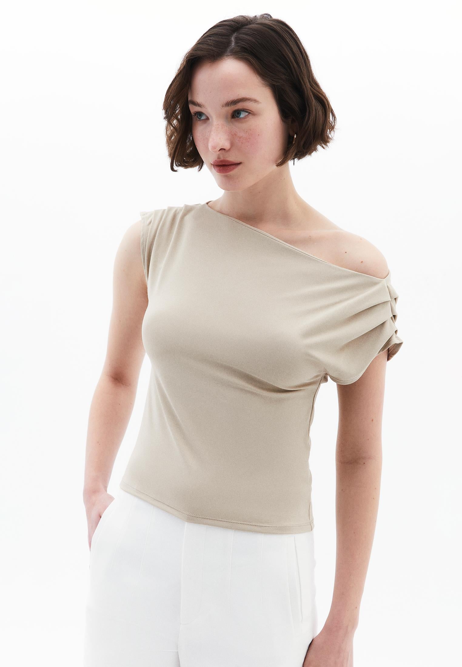Boat Neck Short Sleeve Blouse - FEATHER GRAY