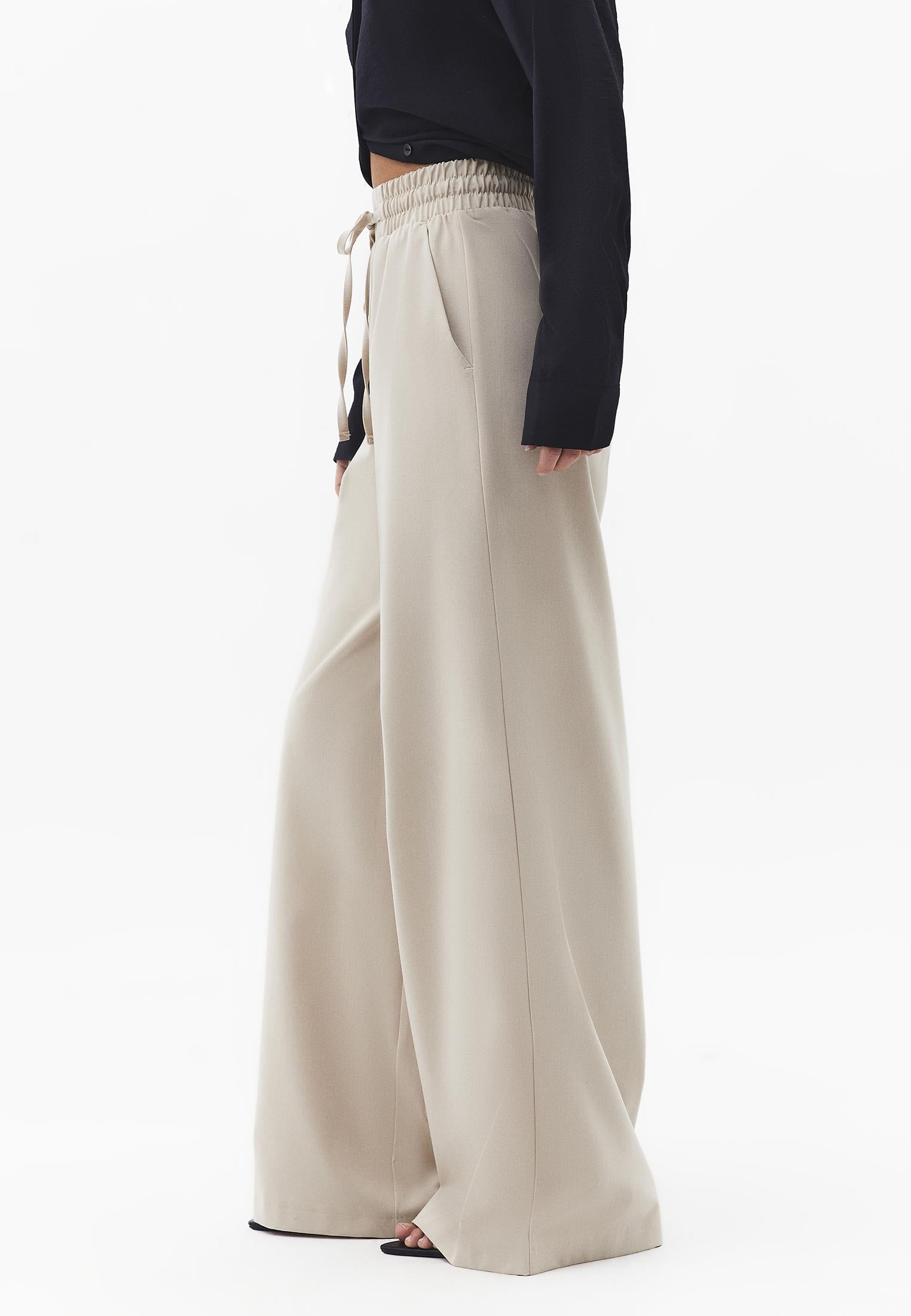 Wide Leg High Waist Elastic Waistband Pants - FEATHER GRAY